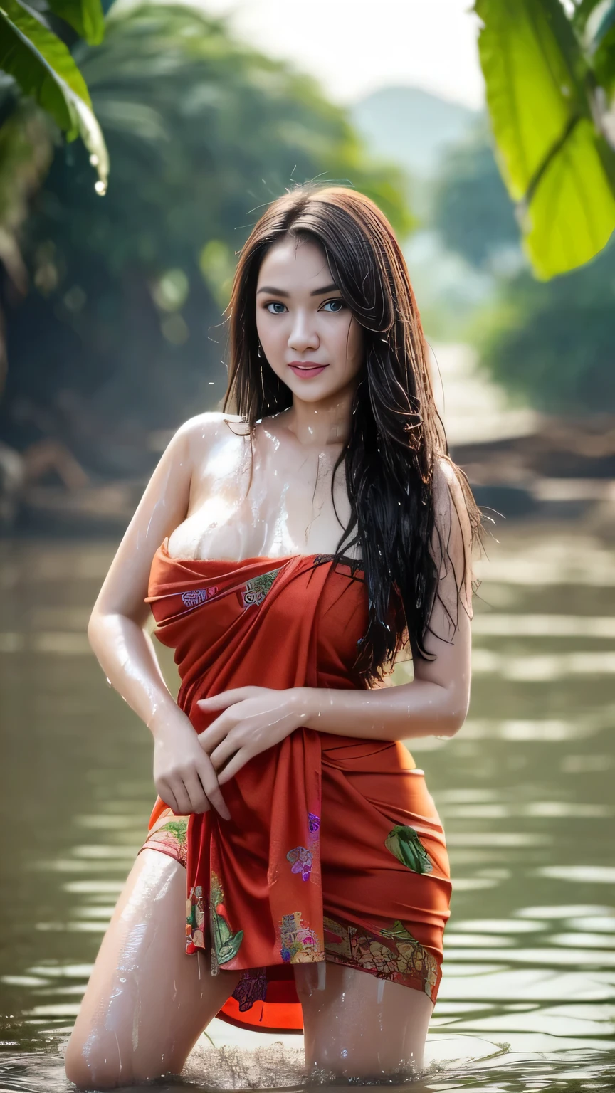 A Beautiful Girl, Fair-skinned, full body image, 18-20 years old, (gorgeous face, face shape., beautidul eyes, Beautiful Nose, Red mouth), (long-haired), ((Thai sarong)), ((bathe)), ((enormous breasts, breast augmentation, huge breast)), (((beautiful legs, Slender Legs), (body dripping wet), Thai rice fields, folk, natural