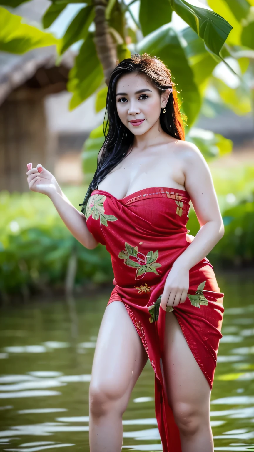 Beautiful girl with long hair, red lips, large breasts, wearing a sarong, bathing at the edge of a rice field. body wet Pose dynamically, be comfortable and natural.