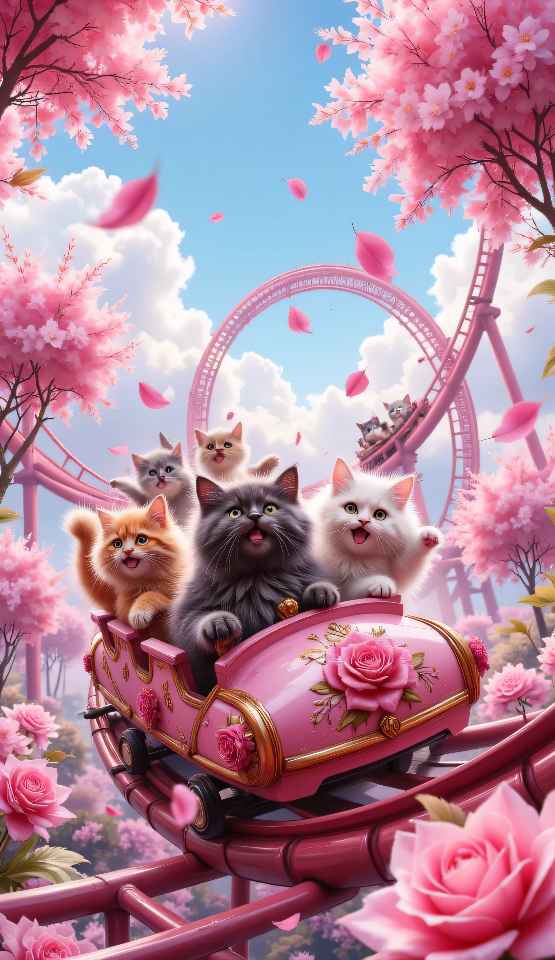 cinematic, ultra-detailed fantasy illustration.
A magical roller coaster twists and turns through an enchanted forest bathed in vibrant pink light, creating a dreamy, fairy-tale atmosphere. The tracks elegantly loop and curve, adorned with bright pink roses blooming along the rails, adding to the surreal charm of the scene. Petals in the shape of pink hearts gently float through the air, enhancing the magical ambiance.
In the foreground, a fluffy black cat sits in an exquisitely designed pink roller coaster car, adorned with intricate floral engravings and slightly reflective textures. The cat's wide, sparkling eyes and playful, excited smile convey pure joy; its fur is slightly tousled by the rushing wind. Its ears are perked up, and its paws grip the edges of the cart as if bracing for the next thrilling twist.
Behind it, in separate roller coaster cars, three more cats display unique emotions and different poses:
A fluffy orange cat looks absolutely delighted, its mouth open in a joyful expression, with its front paws raised playfully in the air.
A white cat shows a mix of surprise and slight nervousness, its ears slightly flattened, gripping the cart tightly while its tail fluffs up from an adrenaline rush.
A gray cat appears calm yet exhilarated, sitting confidently with one paw resting on the edge of the cart, enjoying the ride with a serene smile.
The track soars upward, looping and weaving through canopies of trees covered in bright pink blossoms, creating a whimsical, dreamlike setting. Sunlight filters through the foliage, casting shimmering pink hues on the wooden beams of the ride.
The sky above is a brilliant blue, dotted with fluffy white clouds. The dynamic perspective conveys an exhilarating sense of movement, immersing the viewer in the scene and creating the feeling of being part of this magical ride.
The contrast between the pure white fur of one of the cats and the vivid pink hues of the surroundings adds to the cinematic depth and visual i