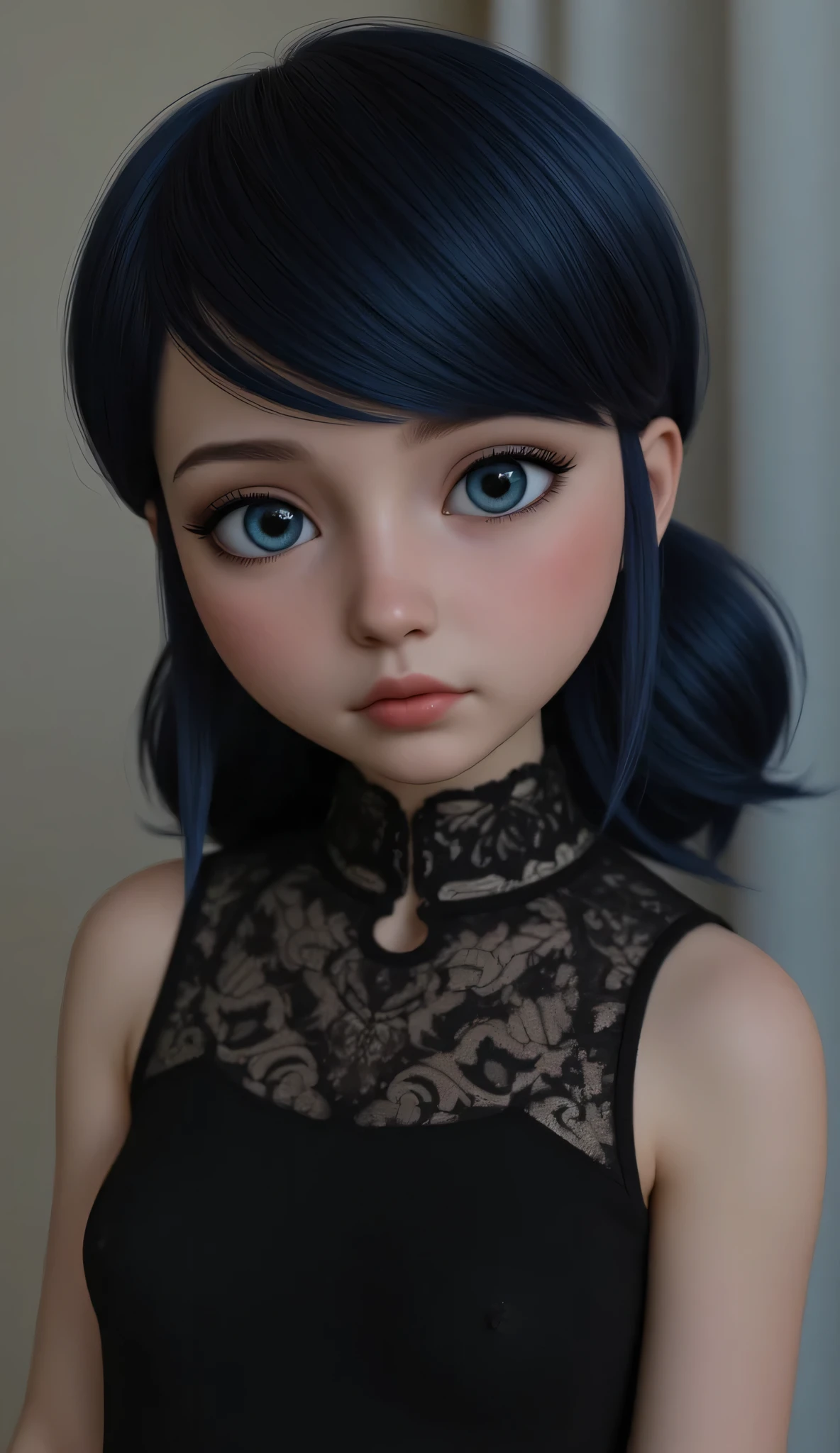 1girl, Solo, High Resolution, Masterpiece, Accurate, Anatomically Correct, Best Quality, High Details, Textured Skin, realistic, black hair, blue eyes, extremely detailed, tween, gothic