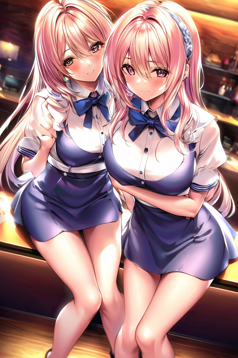 nsfw,Two Girls,Lying down,((Lift both legs yourself)),panties,Have sex,Light blue hair,Light pink hairstyles，Cat ear，Pink Eyes，light blue lolita，White socks，,Pink ribbon,Laughing with your mouth open,Best image quality,Highest quality