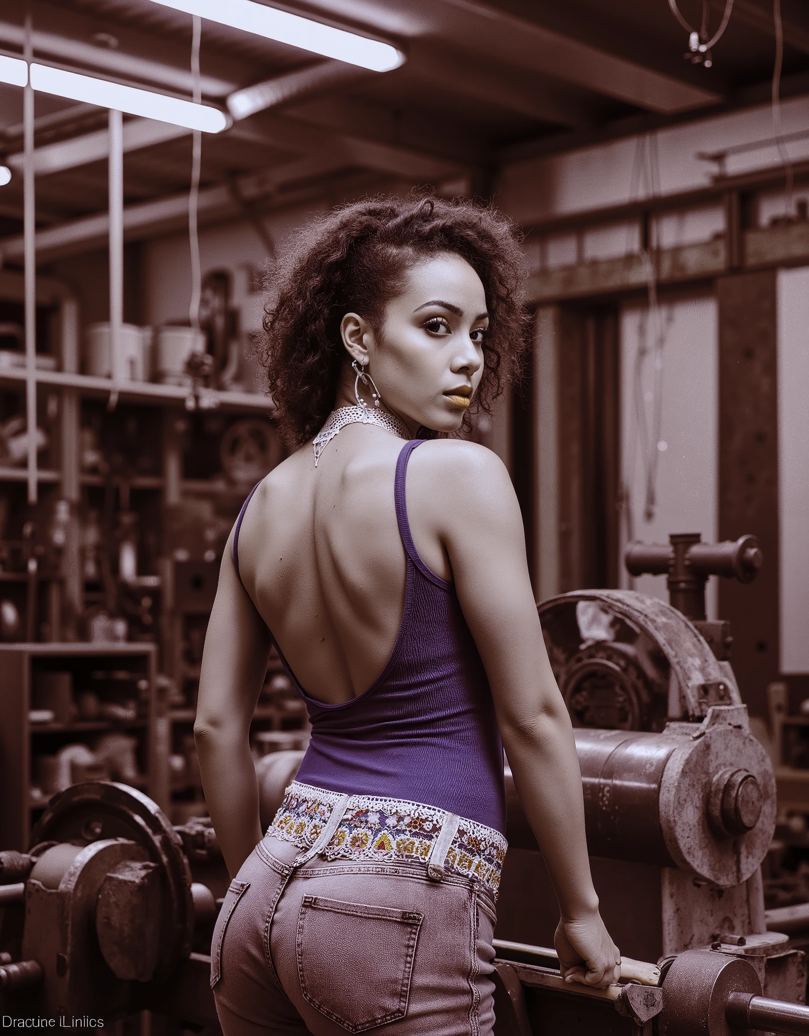 Professional photo of a woman in a rustic woodworking studio, wearing a vibrant blue open-back bodysuit and fitted denim jeans. A decorative belt with colorful patterns cinches her waist, and a delicate white lace ribbon adorns her curly hair. She stands with her back to the camera, crafting with a wood lathe in a workshop filled with tools and machinery. Fluorescent overhead lighting casts a cool tone over the wooden textures and industrial elements. Her bright clothing contrasts with the neutral, earthy background, highlighting her figure. Detailed textures, workshop setting, artistic-industrial atmosphere.