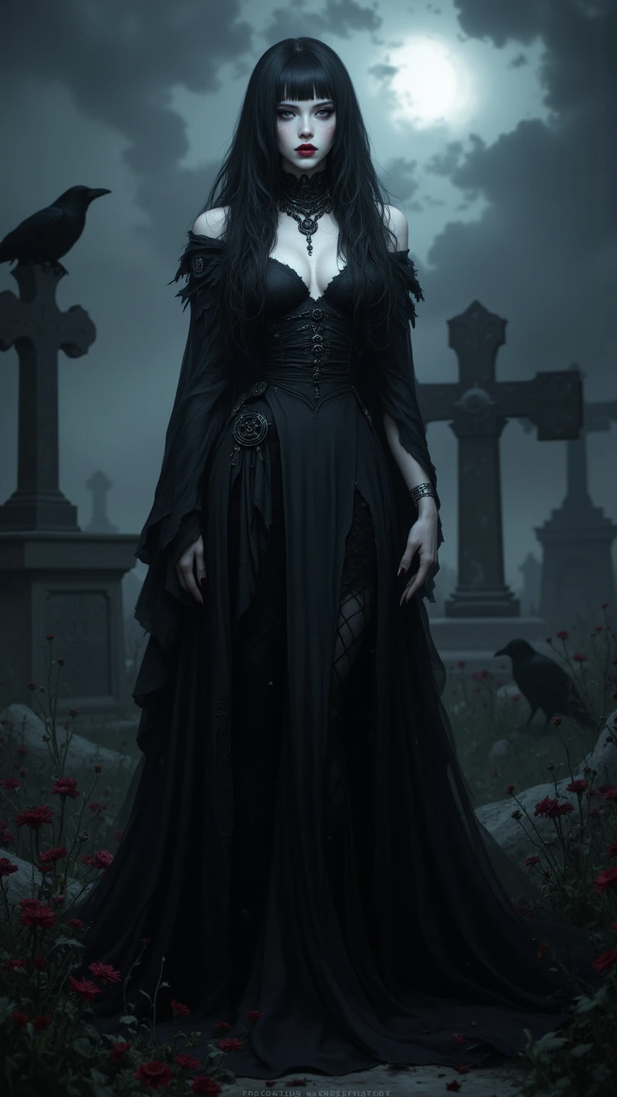 (Best Quality, (High resolution:1.2), Ultra-detailed, Realistic portrait, female necromancer, long black cloak, beautiful face, purple eyes, dark background, cemetery, depth of field, long black hair, night time