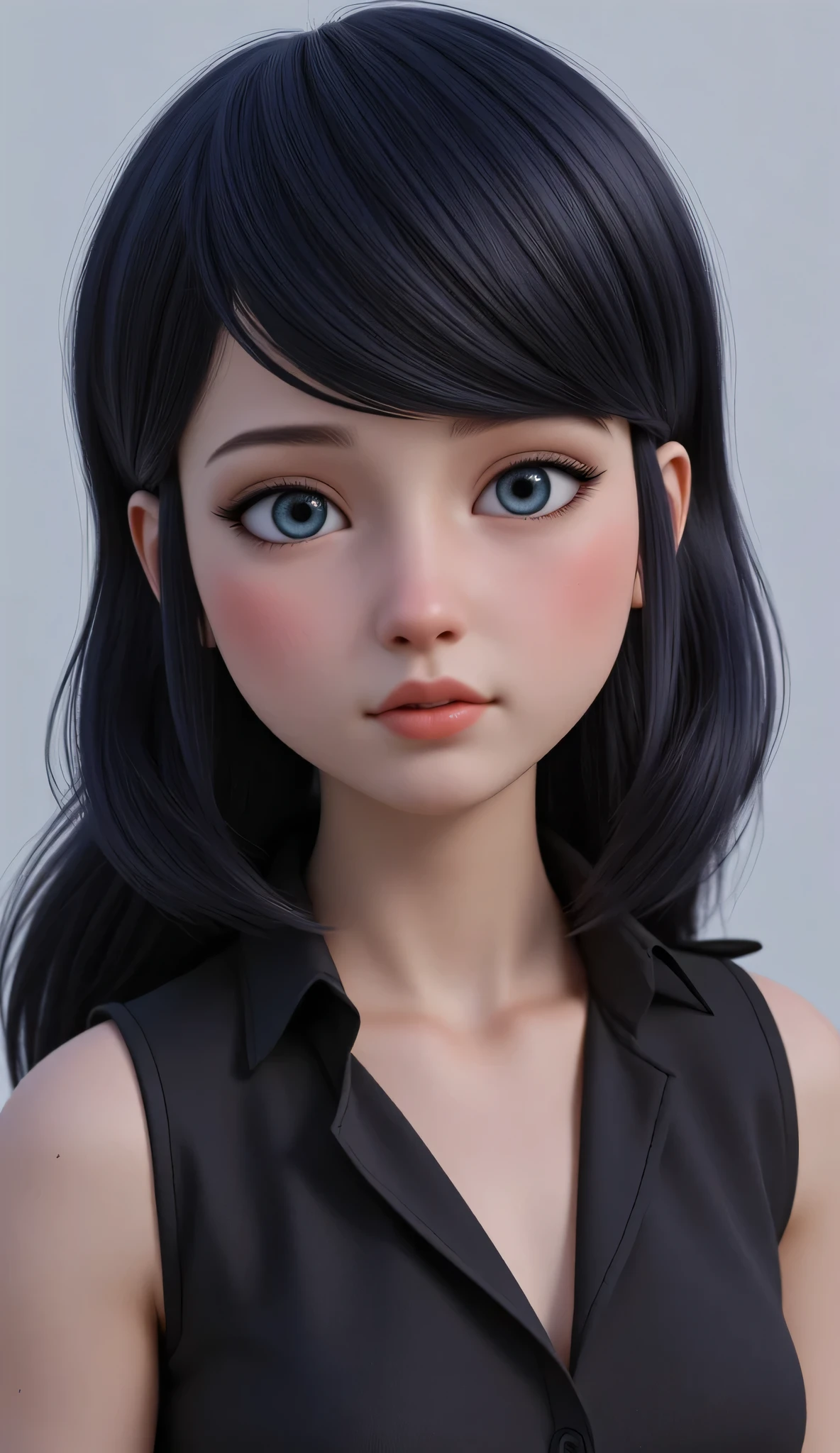 1girl, Solo, High Resolution, Masterpiece, Accurate, Anatomically Correct, Best Quality, High Details, Textured Skin, realistic, black hair, blue eyes, extremely detailed, tween, gothic
