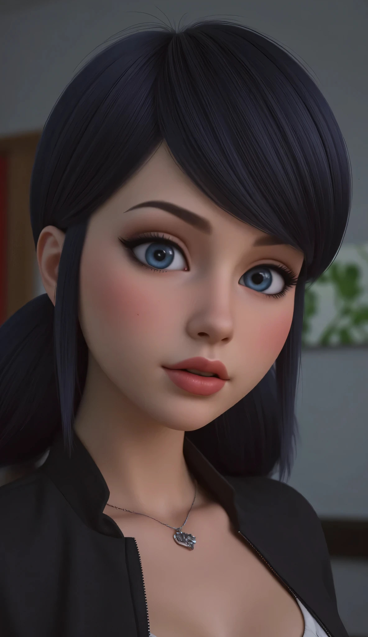 1girl, Solo, High Resolution, Masterpiece, Accurate, Anatomically Correct, Best Quality, High Details, Textured Skin, realistic, black hair, blue eyes, extremely detailed, tween, gothic, dark lipstick, eyeliner