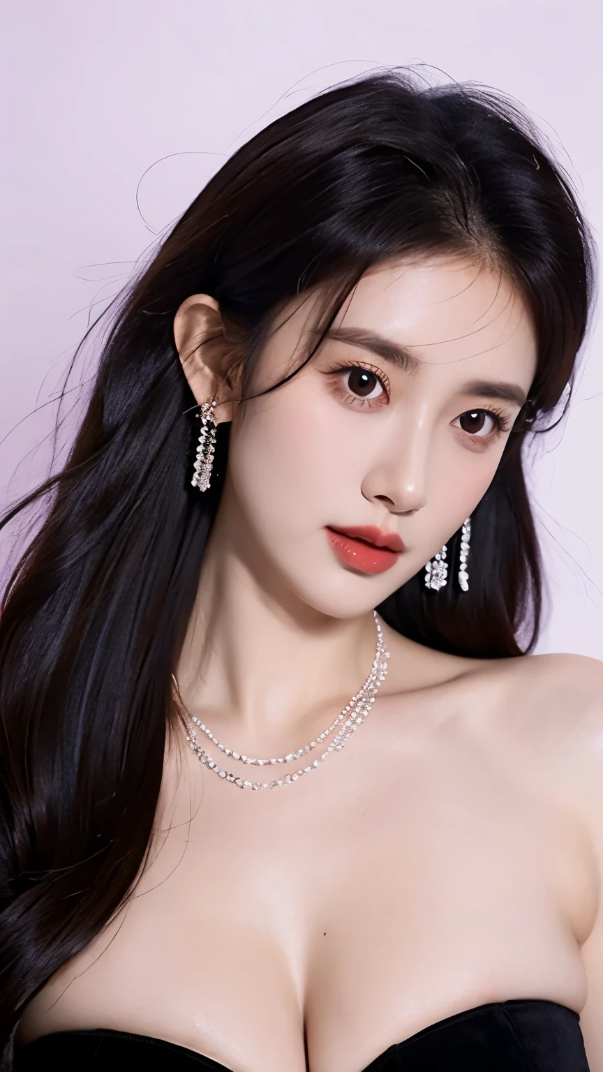 Ultra HD resolution，earrings,Long hair,Black background,Purple backless dress,necklace,H Cup，Showing cleavage，Show more breasts，Amazing breast size，nipple，Expose the areola，Breast enlargement，Cool white skin，Big buttocks，Messy hair，Messy hair，Ruddy complexion，sweater， showing areolas ， raised nipples
