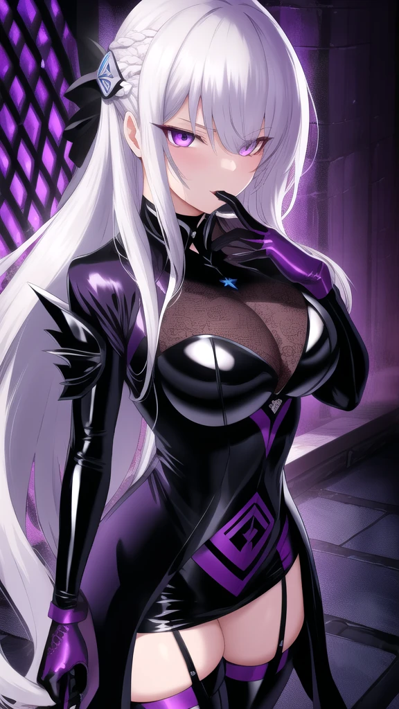Erotic, tall, busty, mature, married woman, female executive in shiny purple rubber suit, red, black background, heart, bedroom, dark theme, evil, temptation, excitement, condescending, smile, sexy pose, upper body emphasis, lying on man, angle from below, bat wings