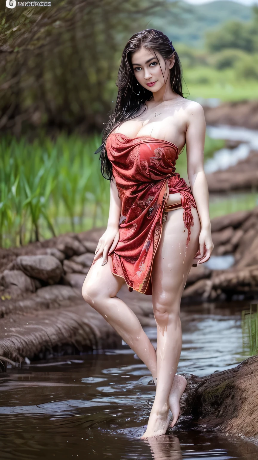 A Beautiful Girl, Fair-skinned, full body image, 18-20 years old, (gorgeous face, face shape., beautidul eyes, Beautiful Nose, Red mouth), (long-haired), ((Thai sarong)), ((bathe)), ((enormous breasts, breast augmentation, huge breast)), (((beautiful legs, Slender Legs), (body dripping wet), Thai rice fields, folk, natural