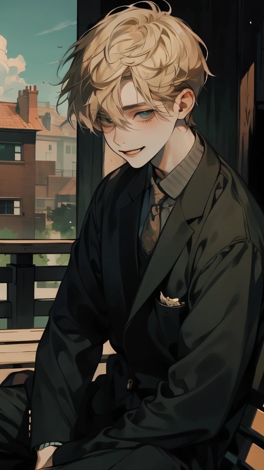 masterpiece , Top Quality, one person,short blond hair,boy,Looking at you (Lenses),Wooden bench,Sitting,Complicated decoration, suit ,gentle expression,Smile ,Not aggressive,warm color, sunshine,outdoor,bust