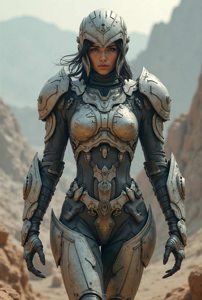 Feom behind, (best quality, masterpiece, highest detailed), (photorealistic:1.2), (detailed light:1.2), (Realistic skin texture:1.4), raw photo, fallout theme, beautiful brunette, athletic build, ponytail hairstyle, muscular body, in fantastic armor, black exoskeleton, posing in a gloomy desert, looking at the viewer, post-apocalyptic landscape