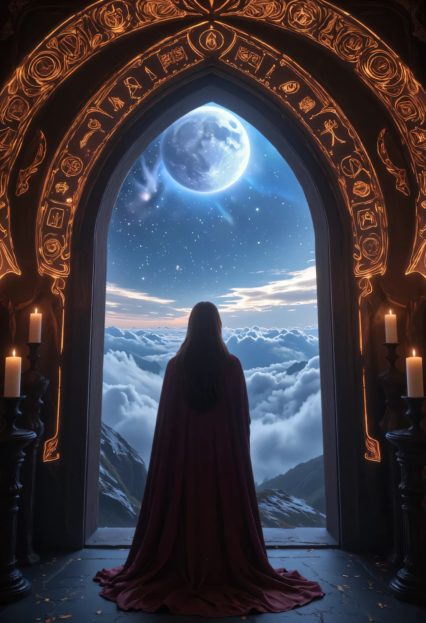 high details, best quality, 16k, [best detailed], masterpiece, best quality, (extremely detailed), a view of an priestess looking through  a portal onto celestial heaven, there are heavenly clouds, distant stars, nebulas,  coming from the portal, the portal glows with magical runes, fiery runes, there are candles the light the room, invert color