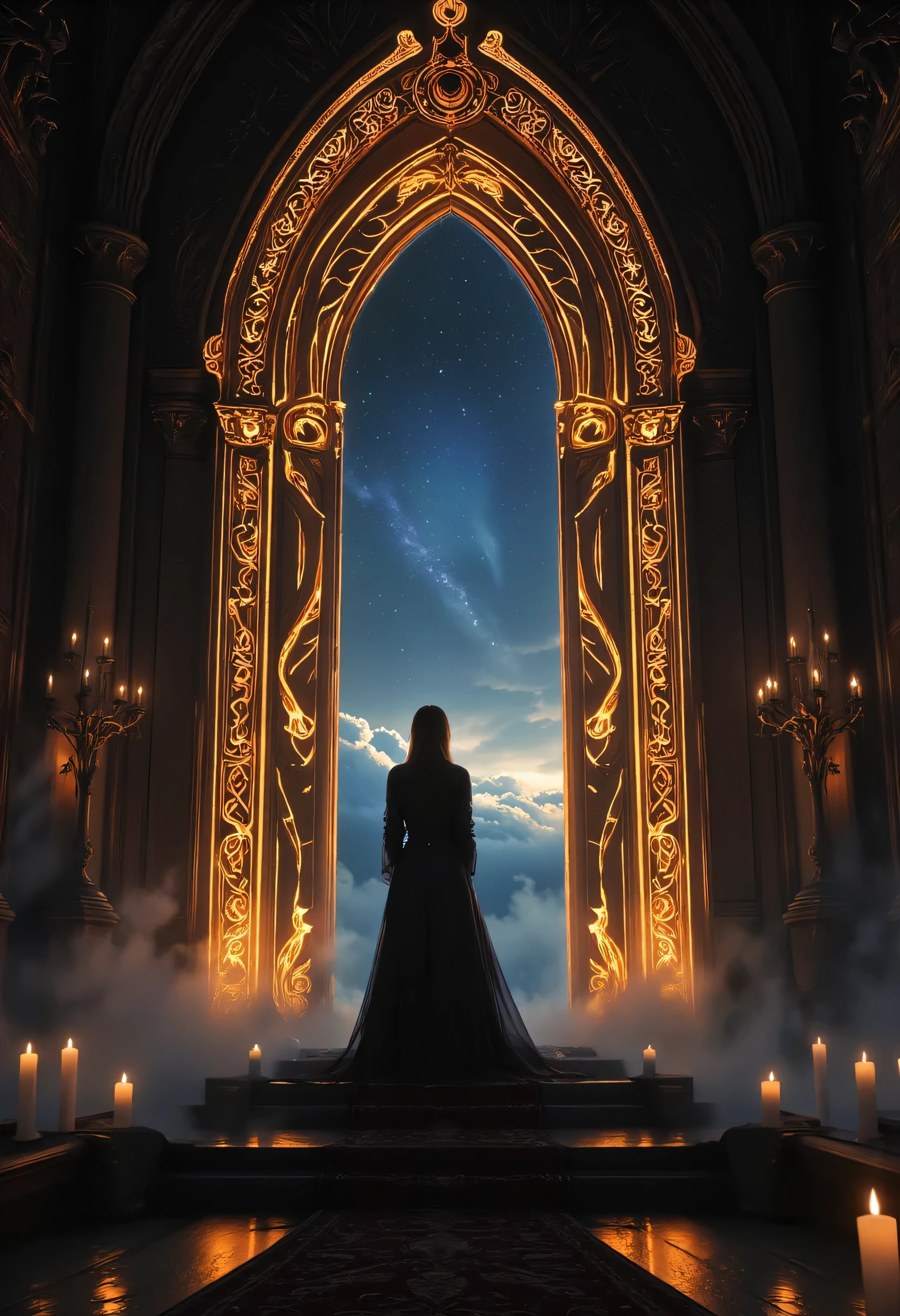 high details, best quality, 16k, [best detailed], masterpiece, best quality, (extremely detailed), a view of an priestess looking through  a portal onto celestial heaven, there are heavenly clouds, distant stars, nebulas,  coming from the portal, the portal glows with magical runes, fiery runes, there are candles the light the room, invert color