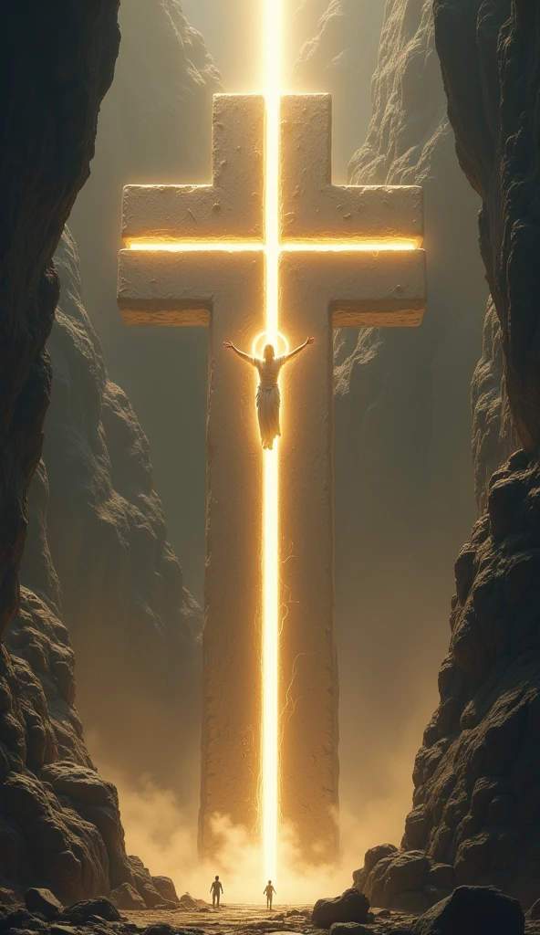 The end of the future,(cave:1.2),rock,(the gods in the sky float in the air:1.4),cross,(radiant cross:1.2),white light,heavenly god,