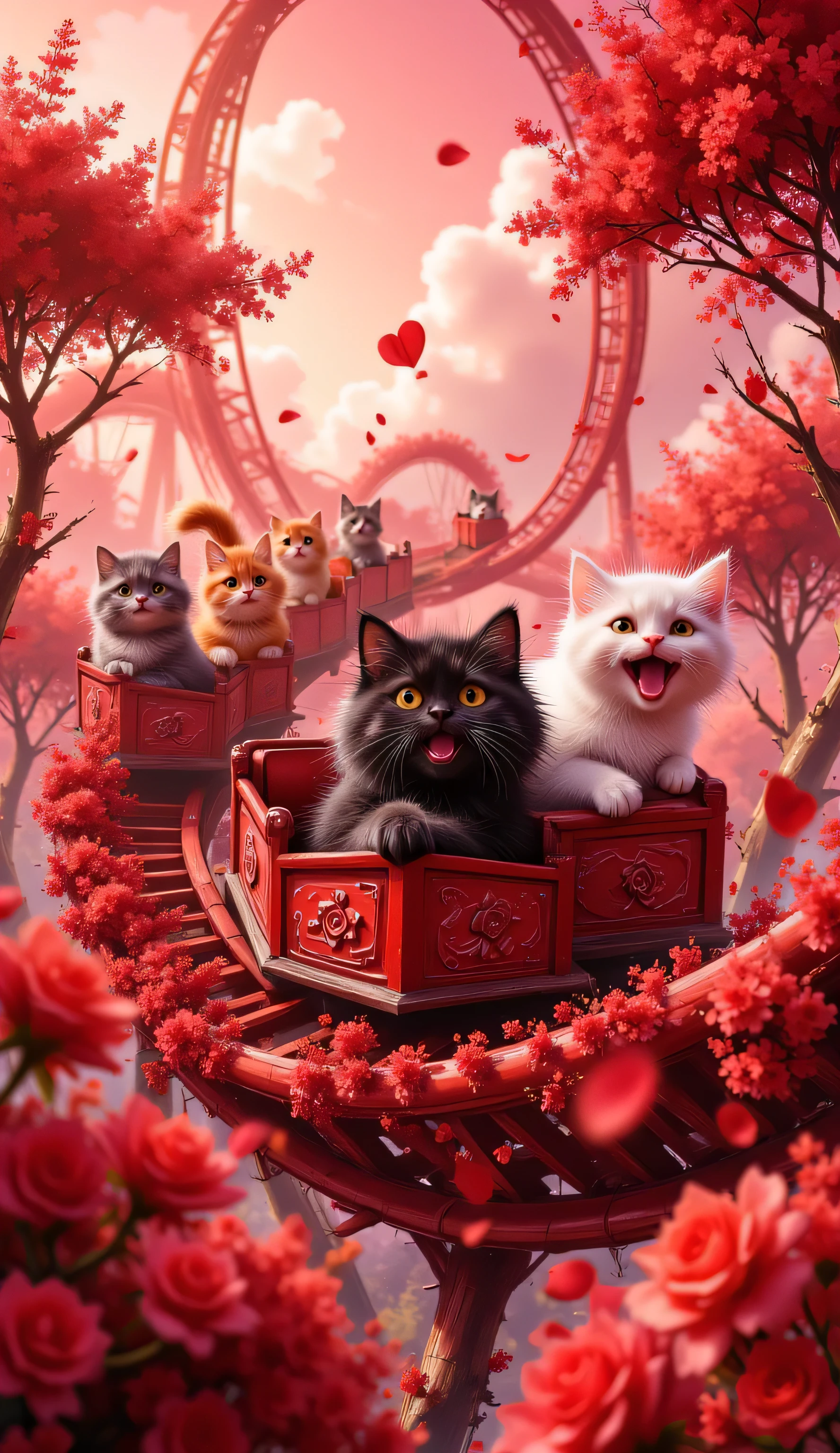 cinematic, ultra-detailed fantasy illustration.
A magical roller coaster twists and turns through an enchanted forest bathed in vibrant red light, creating a dreamy, fairy-tale atmosphere. The tracks elegantly loop and curve, adorned with bright red roses blooming along the rails, adding to the surreal charm of the scene. Petals in the shape of red hearts gently float through the air, enhancing the magical ambiance.
In the foreground, a fluffy black cat sits in an exquisitely designed red roller coaster car, adorned with intricate floral engravings and slightly reflective textures. The cat's wide, sparkling eyes and playful, excited smile convey pure joy; its fur is slightly tousled by the rushing wind. Its ears are perked up, and its paws grip the edges of the cart as if bracing for the next thrilling twist.
Behind it, in separate roller coaster cars, three more cats display unique emotions and different poses:
A fluffy orange cat looks absolutely delighted, its mouth open in a joyful expression, with its front paws raised playfully in the air.
A white cat shows a mix of surprise and slight nervousness, its ears slightly flattened, gripping the cart tightly while its tail fluffs up from an adrenaline rush.
A gray cat appears calm yet exhilarated, sitting confidently with one paw resting on the edge of the cart, enjoying the ride with a serene smile.
The track soars upward, looping and weaving through canopies of trees covered in bright red blossoms, creating a whimsical, dreamlike setting. Sunlight filters through the foliage, casting shimmering red hues on the wooden beams of the ride.
The sky above is a deep crimson, dotted with fluffy white clouds. The dynamic perspective conveys an exhilarating sense of movement, immersing the viewer in the scene and creating the feeling of being part of this magical ride.
The contrast between the pure white fur of one of the cats and the vivid red hues of the surroundings adds to the cinematic depth and visual impact of