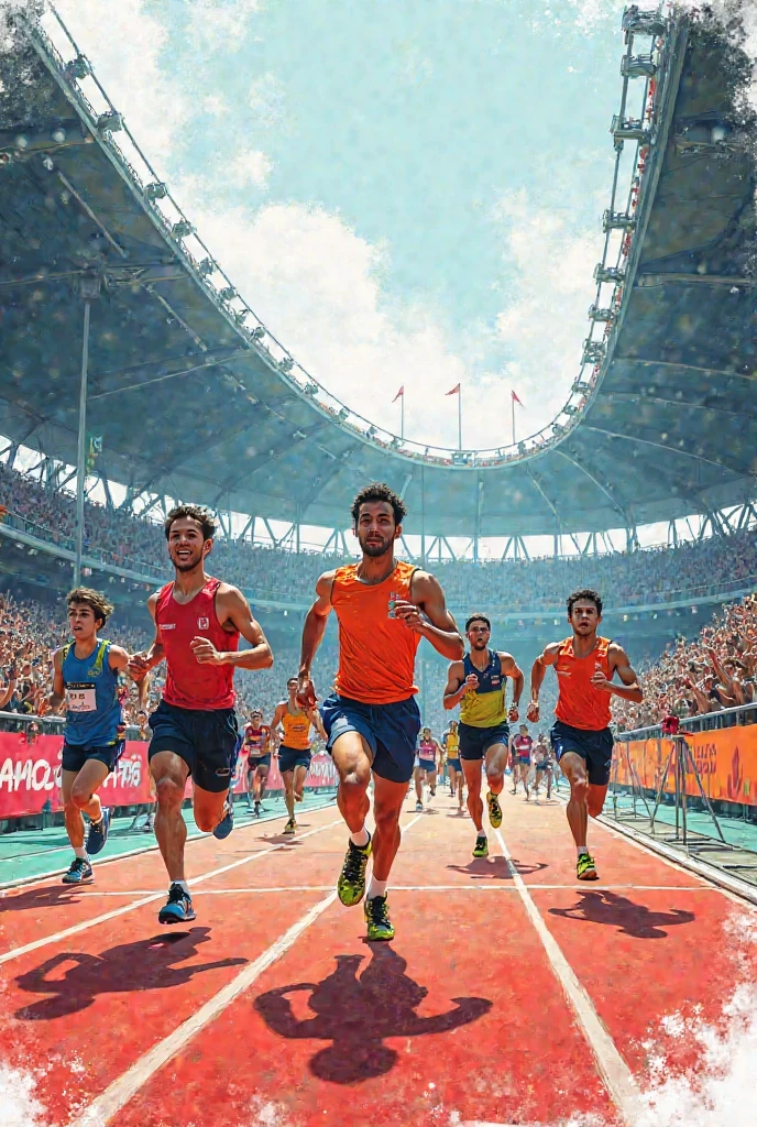 RAW photo, closeup, male athlets running in stadium,sprint, olympic games, 100 meter, front view, 8k uhd, dslr, sweat, droplets, high quality, film grain, Fujifilm XT3