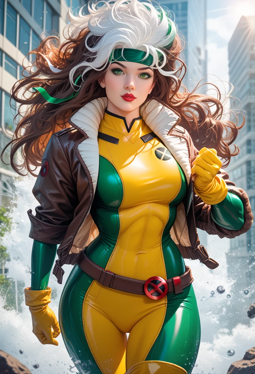 rogueSDXL,1girl,solo,long hair,looking at viewer,brown hair,gloves,green eyes,jacket,white hair,open clothes,open jacket,lips,bodysuit,makeup,headband,lipstick,skin tight,multicolored clothes,buckle,belt buckle,leather,superhero,bomber jacket,dyed bangs,multicolored bodysuit,green bodysuit,yellow 