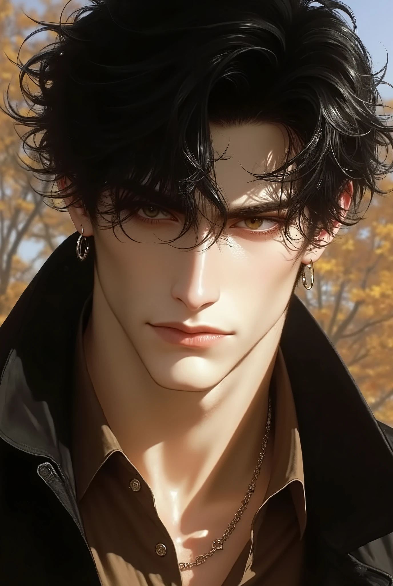 Boy, black hair, brown eyes, serious sharp features, light white skin, shiny light pink lips, handsome, perfect, elegant looking, wearing a brown shirt, jacket and jeans, high quality resolution, clear colors, autumn weather.