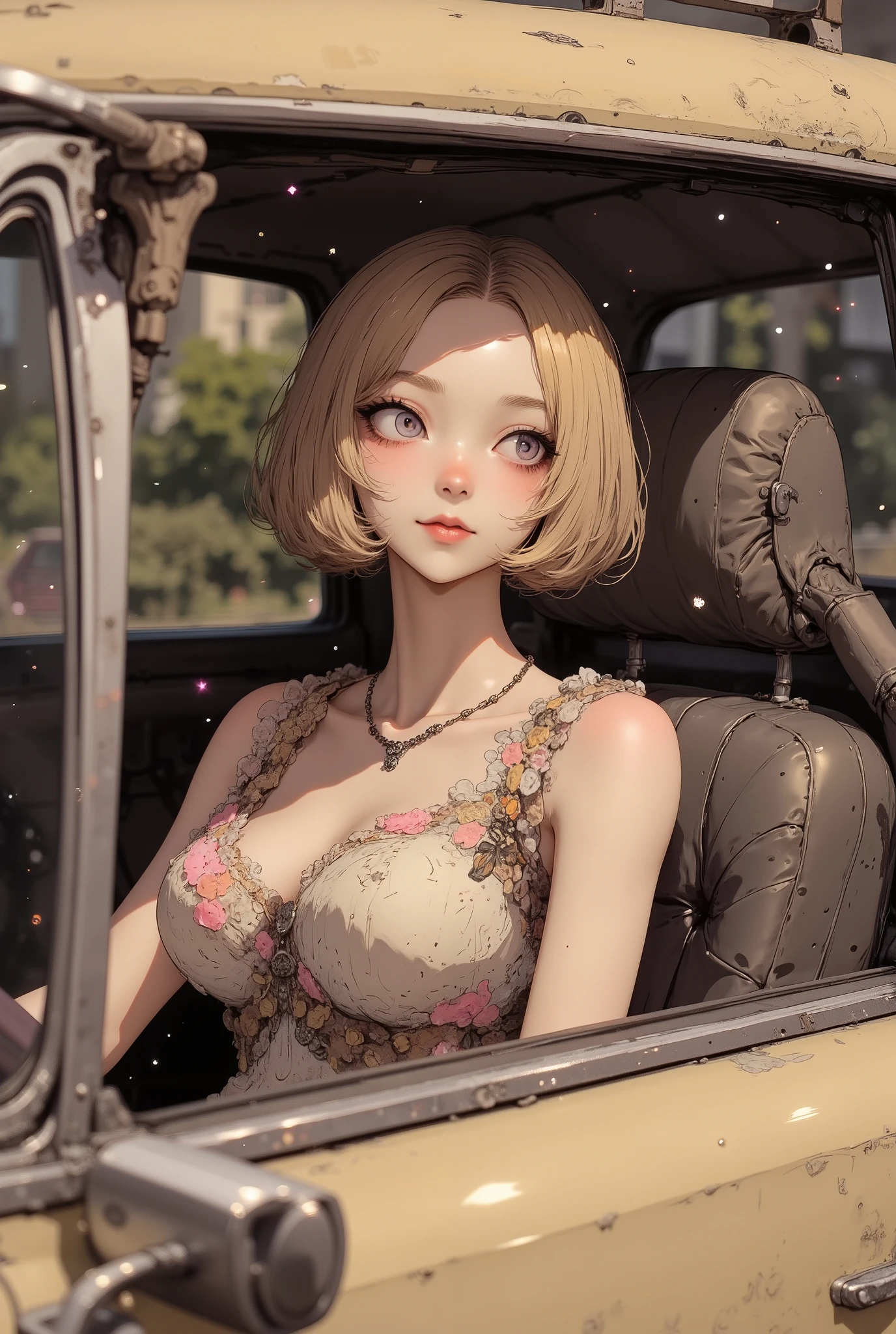 quality, High Definition model, high detail, (((The textures are soft))), ((matte and toy-like with a handmade premium look)), (((Tim Burton style))), ((She is sitting in the passenger seat of a runningcar. She has a pleasant expression on her face, She looks at the camera.)), beautiful woman, perfect body, anime style, simple lines, short hair, bob haircut, blonde, tank top, short pants, (intricate details:1.1), beautiful detailed, beautiful hair, 1girl, japanese, blush, ((Pupil details)), ((five fingers)), Anatomically correct, (((Two arms))), The camera dramatically shoots from behind the car,