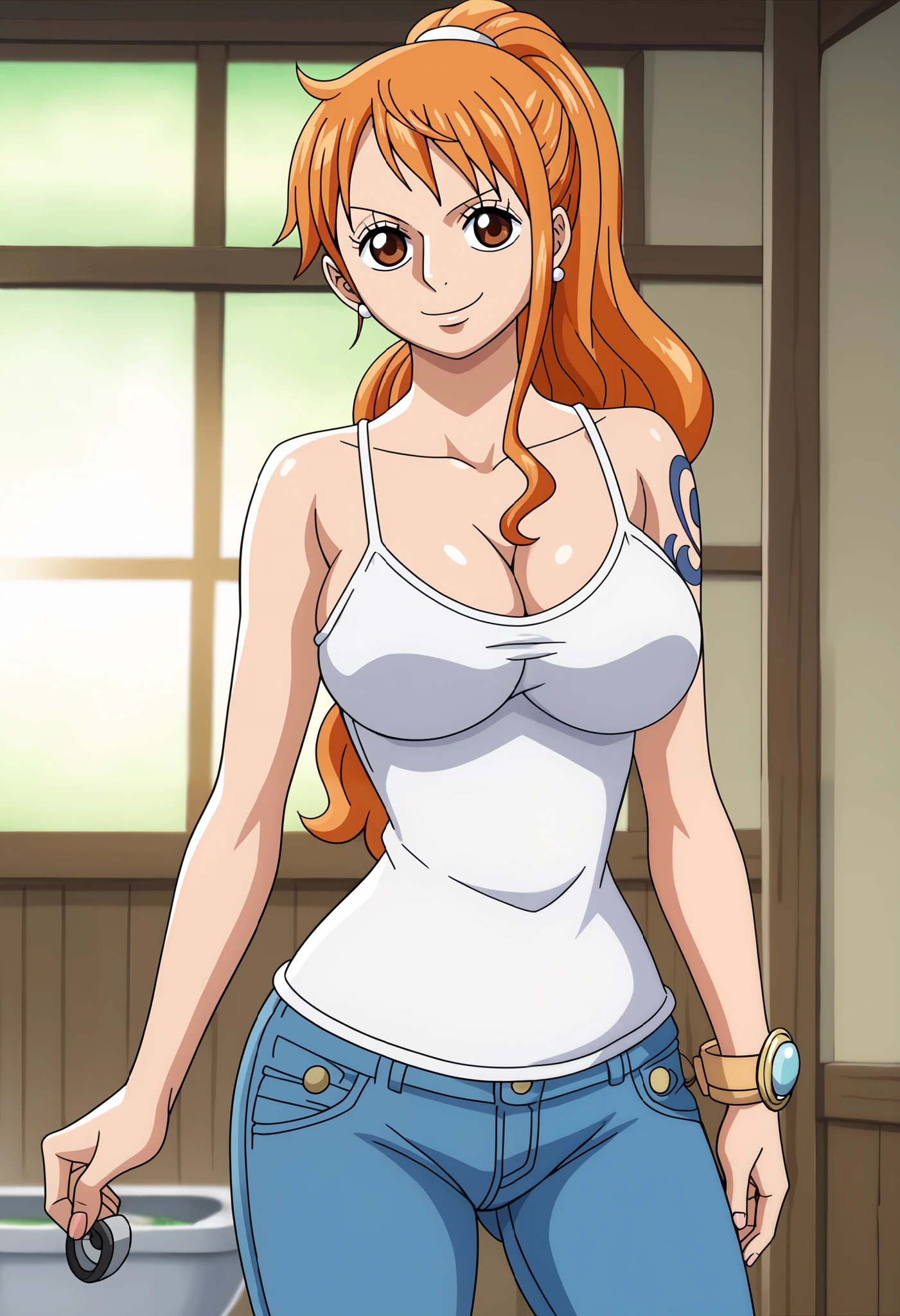 score_9_up, best quality, cowboy shot, anime_source, anime style, (SOLO:1.7), 1girl, Nami, orange hair, (white comesole:1.4), morning, (ponytail:1.7), (serious smile:1.3), (curvy body:0.7),), (slightly looking at the viewer:1.2) (Medium breasts:1.5), jeans, (tiny biceps:1.2), (cooking:1.5), looking forward, (slightly from right:0.6), (leaning back:1.5), (burning:1.6), (breasts pads:1.6)