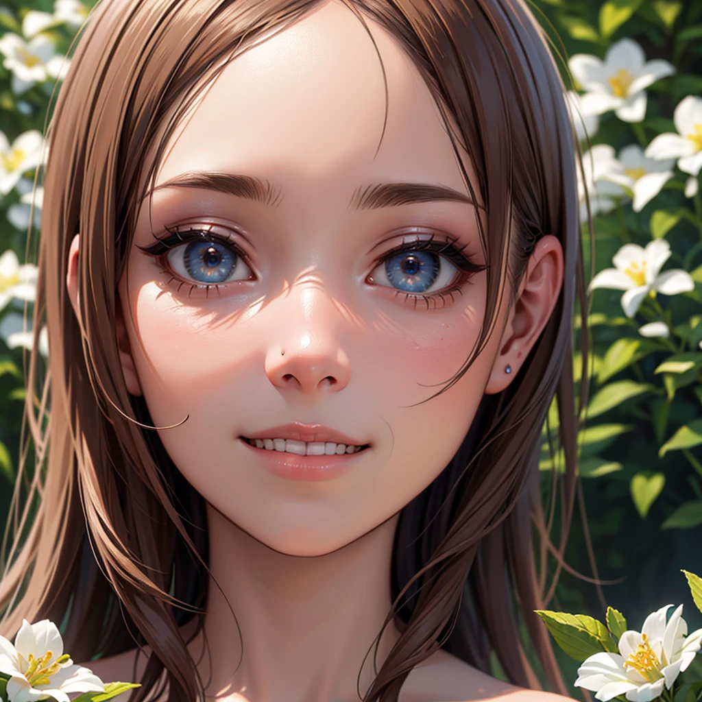 Highest quality, masterpiece, High resolution,A portrait drawn in meticulous detail、 (Realistic depiction, RAW Photos,）、 One person, Lace dress, Off the shoulder, Flower Field, Glowing Skin,smile、Flower Hair Ornaments、Cherry tree、Flower storm