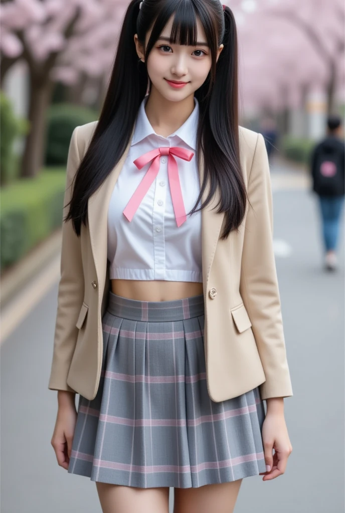 Japanese、、high school girl、White Blazer Uniform、Red checkered mini skirt、