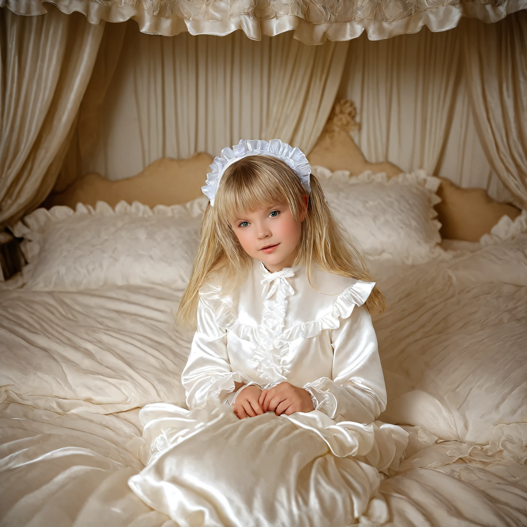 A young girl on the bed,(((short body height:1.2))),(((early age russian girl:1.2)))),(((cute baby face:1.1))),blond ling hear,white plump quilted silk satin nightgown with frills and ribbons,long skirt,long sleeves,frilled sleeves,frilled head dress,a bed with a mountain of silk satin pillows,(((retro canopy bed:1.0))),(((king size bed))),((more big bed:1.2)),((lot of frilled pillows)),more pillows, A plump qulited silk satin devet,ruffles lace silk.retro white pipe bed frame, A large silk satin ruffled duvet covers the entire bed,