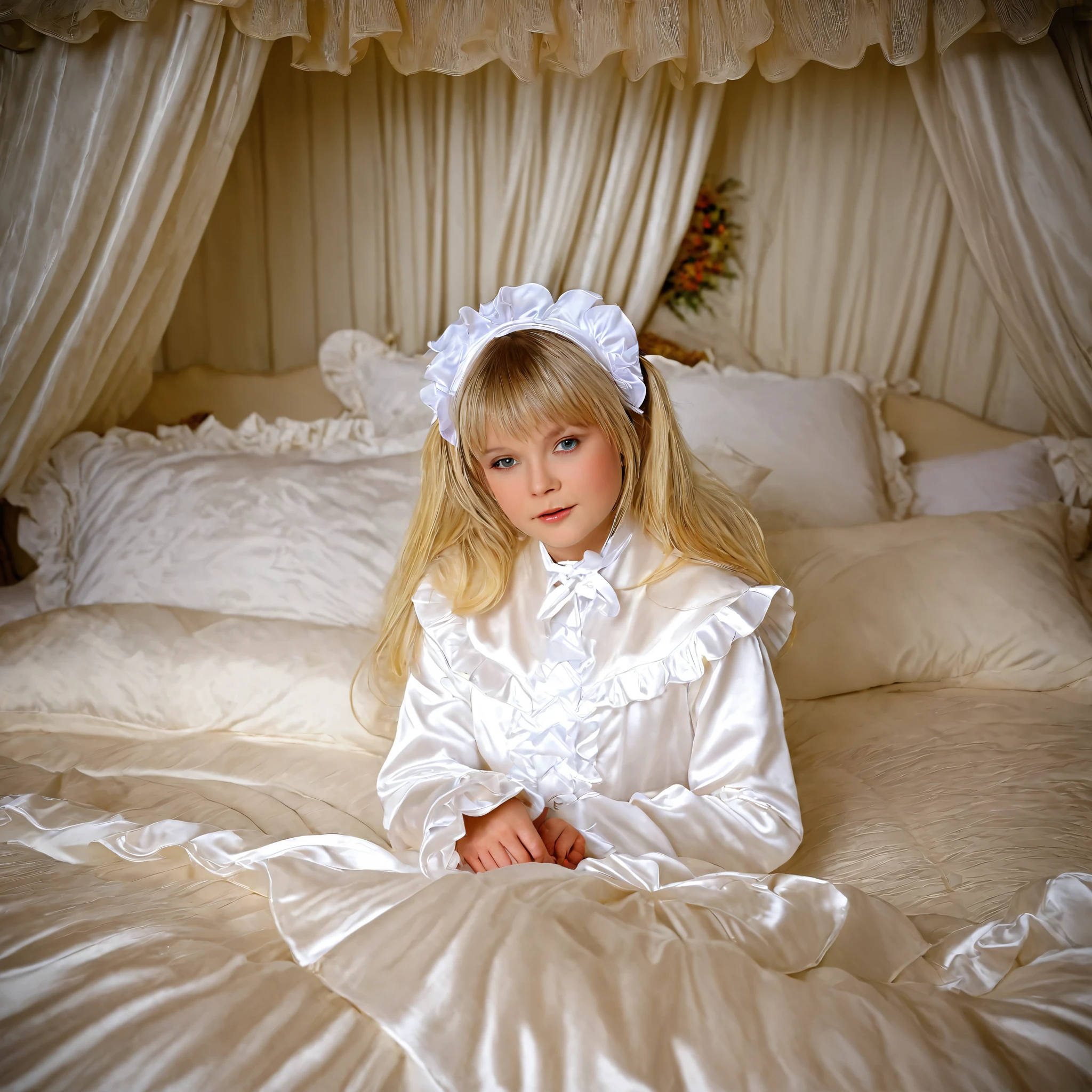 A young girl on the bed,(((short body height:1.2))),(((early age russian girl:1.2)))),(((cute baby face:1.1))),blond ling hear,white plump quilted silk satin nightgown with frills and ribbons,long skirt,long sleeves,frilled sleeves,frilled head dress,a bed with a mountain of silk satin pillows,(((retro canopy bed:1.0))),(((king size bed))),((more big bed:1.2)),((lot of frilled pillows)),more pillows, A plump qulited silk satin devet,ruffles lace silk.retro white pipe bed frame, A large silk satin ruffled duvet covers the entire bed,
