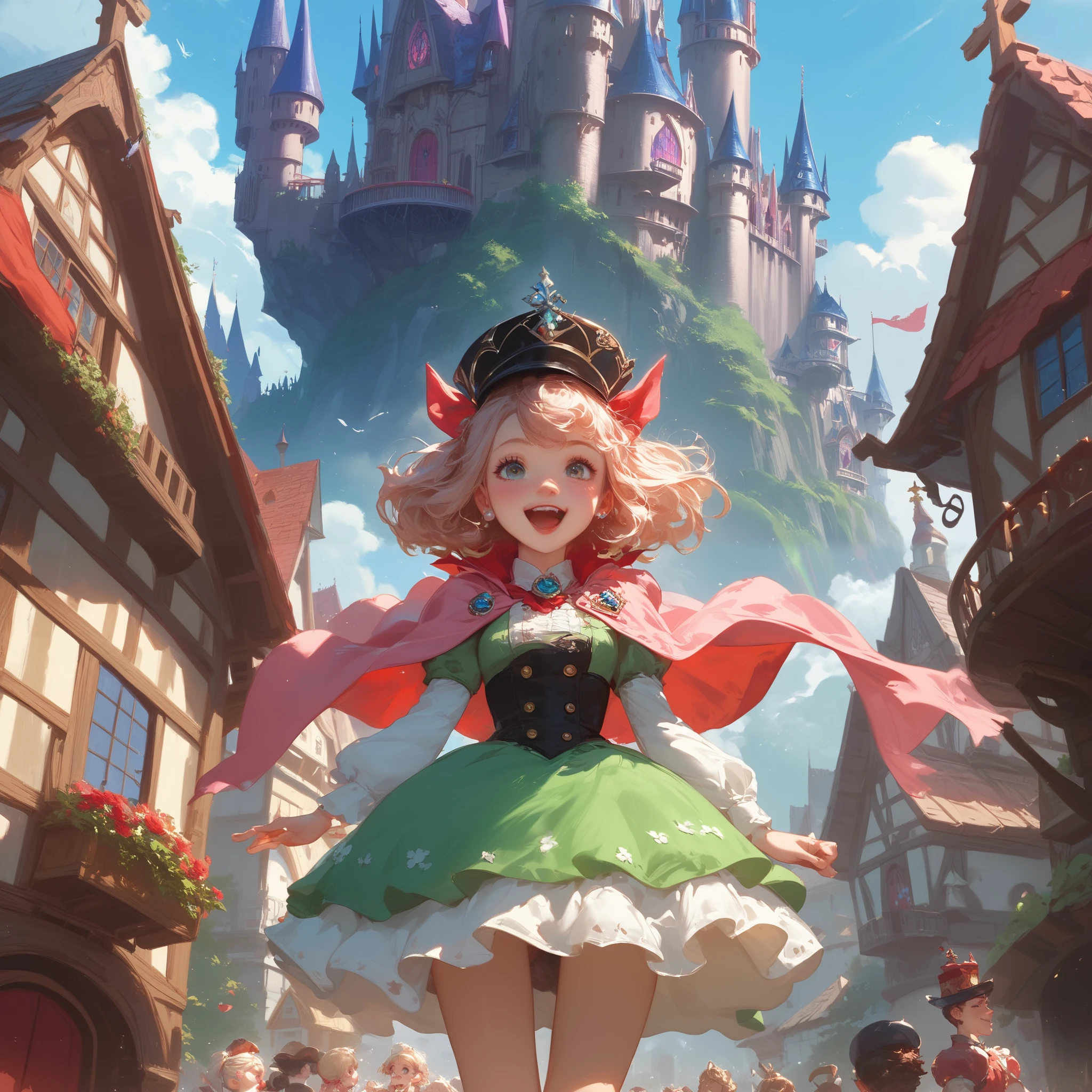Anime movies「 Howl's Moving Castle」It depicts a scene from。The main characters Howl and Sophie are flying through the air、European-style buildings line up in the background。The building features red roofs and wooden houses。Howl is blond and wears a pink cloak、holding Sophie。Sophie is wearing a green dress、 I'm wearing a hat 。This scene is particularly impressive in the movie、An important scene in the relationship between the two characters and the progression of the story is。