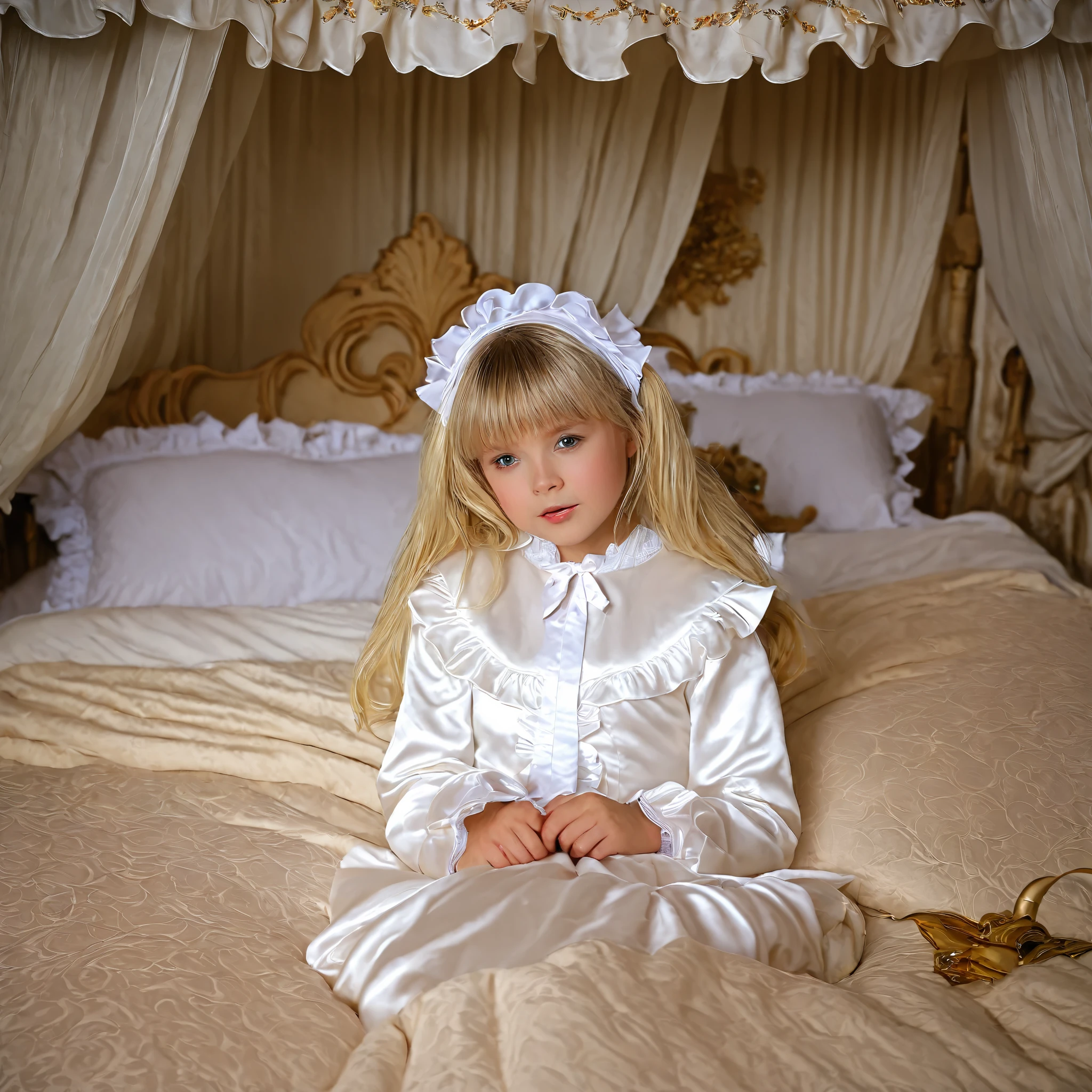 A young girl on the bed,(((short body height:1.2))),((( russian girl:1.2)))),(((cute baby facelond ling hear,white plump quilted silk satin nightgown with frills and ribbons,long skirt,long sleeves,frilled sleeves,frilled head dress,a bed with a mountain of silk satin pillows,(((retro canopy bed:1.0))),(((king size bed))),((more big bed:1.2)),((lot of frilled pillows)),more pillows, A plump qulited silk satin devet,ruffles lace silk.retro white pipe bed frame, A large silk satin ruffled duvet covers the entire bed, 