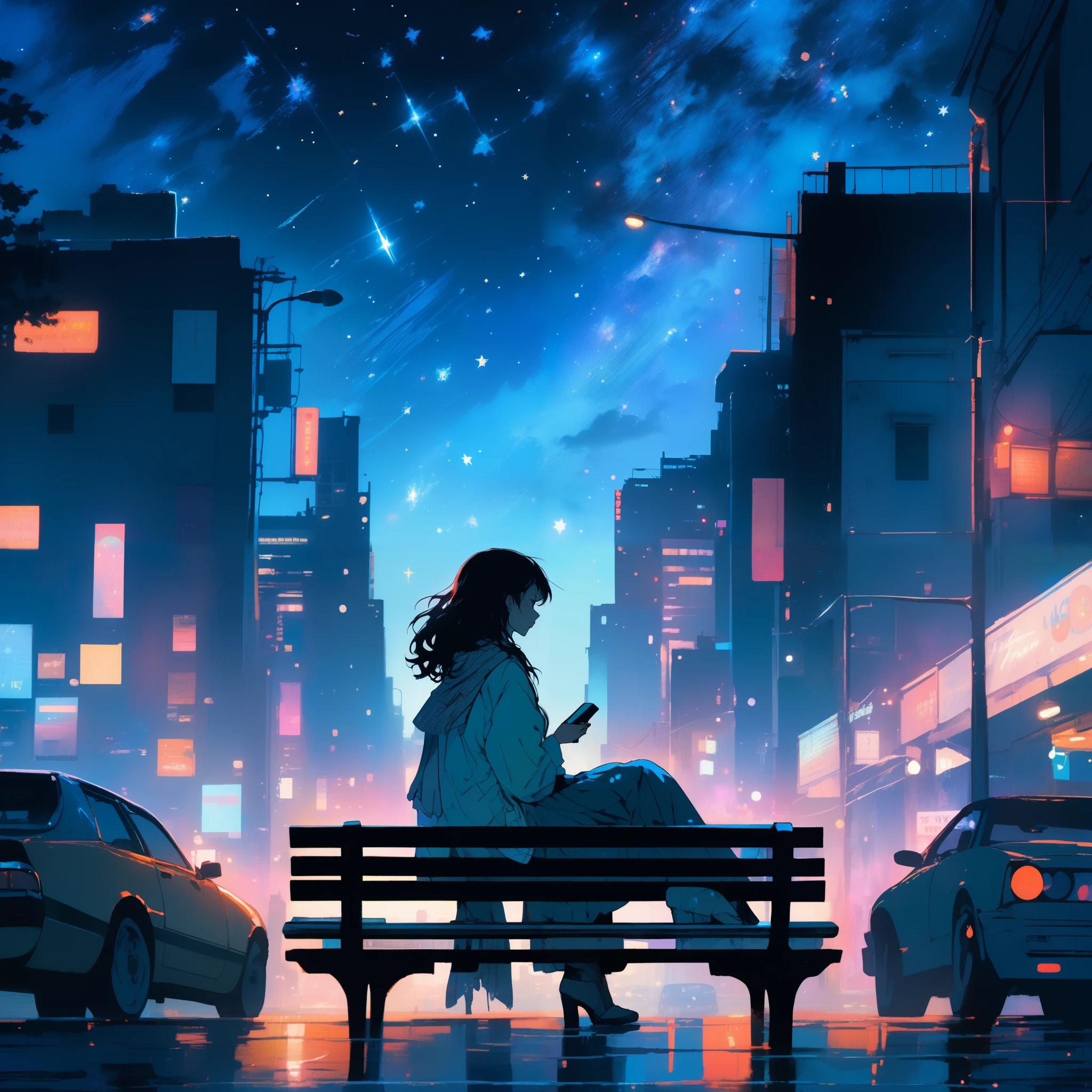 A vibrant cityscape at night, illuminated by neon lights. A young woman stands on a quiet street, gazing up at the twinkling stars above the skyline. A vintage radio rests beside her on a bench, playing an old melody. The cool night breeze rustles her hair as she clutches an old cassette tape in her hand. The scene is dreamy and nostalgic, blending the energy of the city with the serenity of the night sky. The warm glow of distant streetlights creates a contrast with the cool blue tones of the starry sky.
