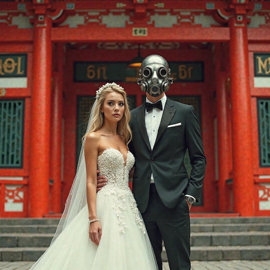 Full body shot of a beautiful young BRIDE AND GROOM WEARING GAS MASKs wedding day princesse BREAK in background (Apocalypse:1.2) DESTROYED CITY,,
