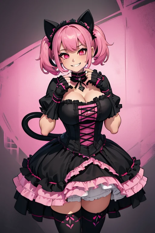 ((masterpiece)), ((best quality)), (ultra detailed:1.2), illustration, anime style, painting, Pose like an erotic nsfw doujinshi character,, //, a cute girl, 1girl, (solo), //, Black-based cat-eared maid costume. White lace apron. White stockings. Black cat tail. White ribbon. Short skirt. Ribbon choker, //, Medium hair hair style, beautiful Pastel pink hair, ((beautiful eyes)), white-skinned, large breasts, Voluptuous body, //, (ahegao:1.3), laughing, full body, gradation, //, (Pink-based heart pattern background:1.2),//, shiny-glistening, ultra shiny body, gleaming