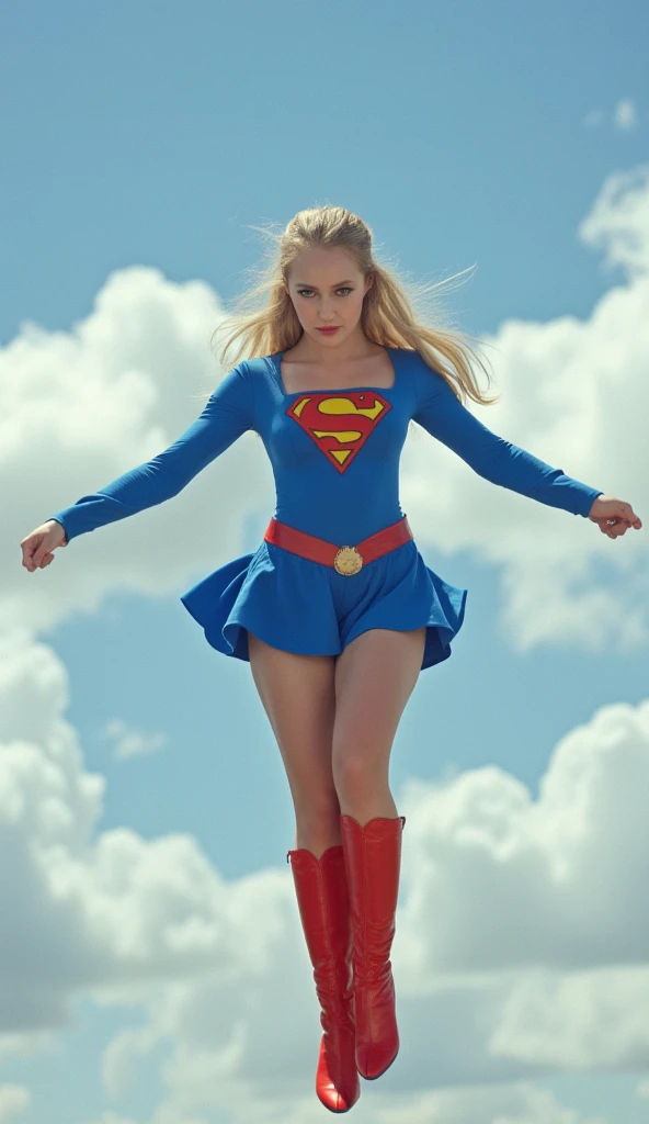 Melissa Benoist open thighs,super girl up skirt,(white panties),(shoot from below),(coverd nipples),wind from below,sky,solo, red cape,(red thin skirt),(blue tite long sleeve shirt),