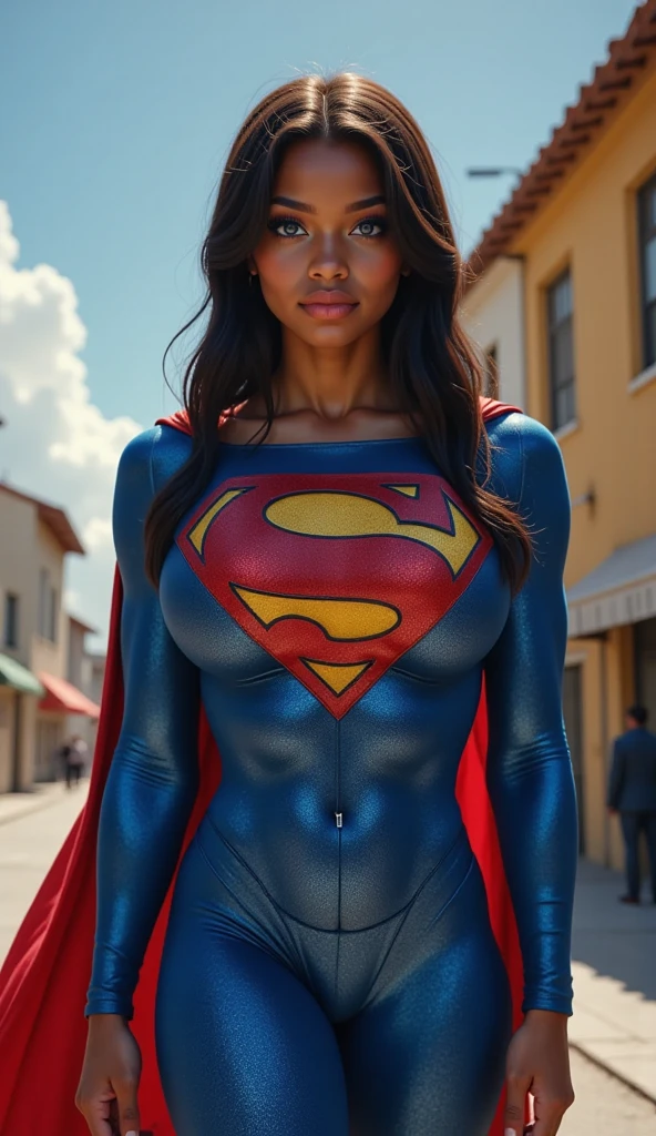 An animated, comic African American with red long hair, with a black covering over her eyes. Athletic, curvy body, serious and confident. Wering a sexy red superhero suit with a utility belt. Cityscape.