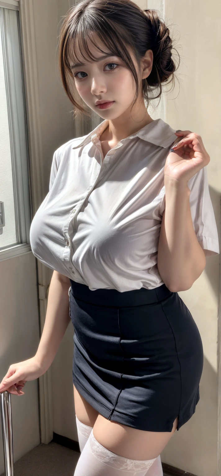 (Highest quality, masterpiece:1.2), White Background, (非常に大きい顔よりHuge breasts:1.82), (Very big ass:1.65), Realistic, Big Breasts, Huge breasts, huge waist, thick, Narrow waist, Long legs, thick thighs, Fair skin, Rosy Cheeks, Porcelain-like skin, White T-shirt, Crew neck dress, Closed neck dress,Brown tight skirt:1.65, (Brown business jacket:1.2), (Black Hair:1.2), Big eyes, Small face, (Thin eyebrows:1.2),Cute adult round face, A woman with a cute round face, smile, eyelash, Highly detailed face, (Deep double eyelids), (Squint a little), (Tarako lips:1.85), Are standing, Japanese Goddess, Japanese actress, Japanese Model, ((Very accurate and correct anatomy)), View your viewers