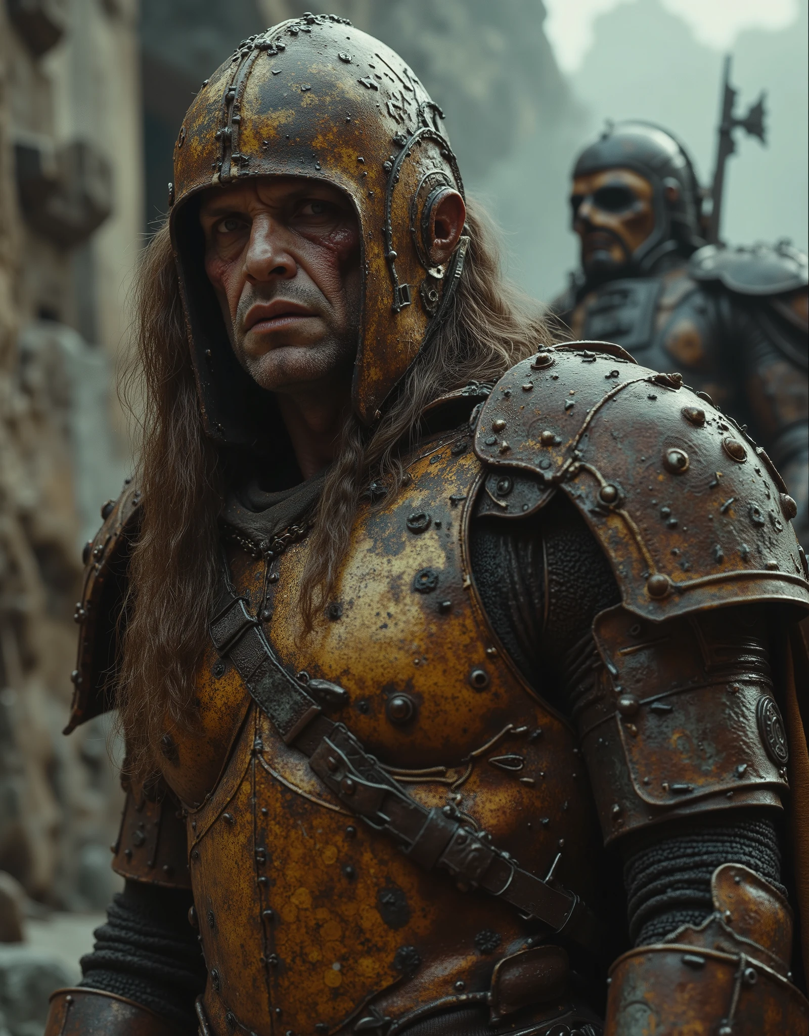 cinematographic photograph using rule of thirds and composition on planes Photo 3 / 4 takes over the entire body , scarred and scary male knight, Arabic man of incomparable ugliness , depraved and gothic, full plate armor made of rusty copper coins, sunken brown eyes, penetrating look, lank matted long hair, full body shot, torn screen , Aztec tattoos , Next to him in the background is a tall long-legged steampunk mecha robot inspired by the Sumerians and with the head of 𒀉𒉺 Asag and with dark armor with a lot of rust battle damage and destroyed parts, You can see the exposed mechanism composed of pistons , hoses, chains and motors of Tartarus, . In the background of a grimdark medieval fantasy, Eldritch smoke emanating from the robot in the style of Ashley Wood and Racrufi and Luis Royo , drk4rt