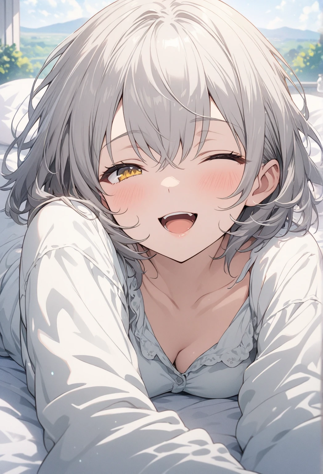 upper body, best quality, super fine, 16k, incredibly absurdres, extremely detailed, cute round-faced beauty, dazzling expression in the sunlight, excited look, closed eyes, half-open mouth, stretch your arms up, leaning against a wall, background iridescent white plaster walls