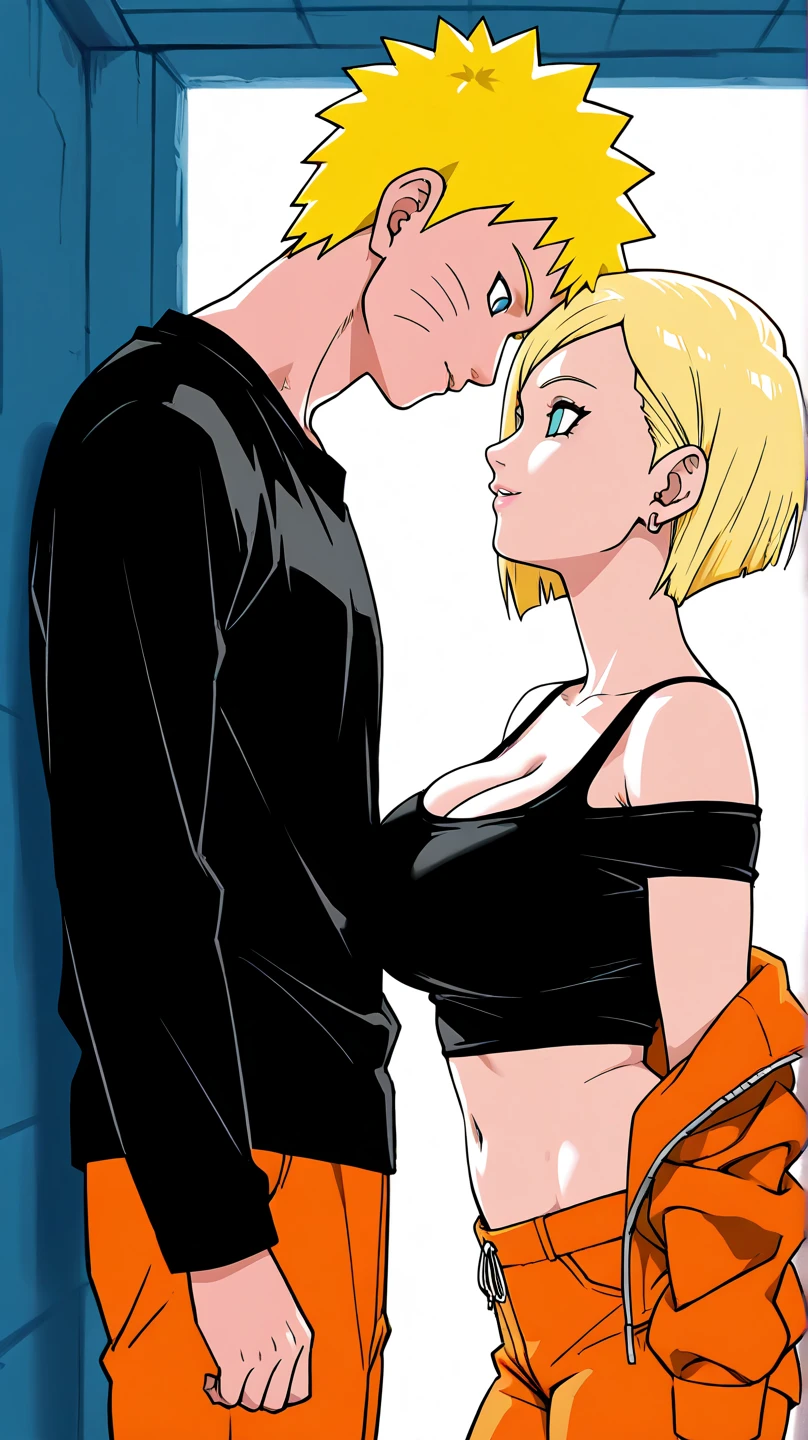 woman, bob haircut, blonde, white top, midriff, bare shoulders, blue jeans, platform shoes, kneeling, side view, blowjob, candles, room, shota-boy, slim