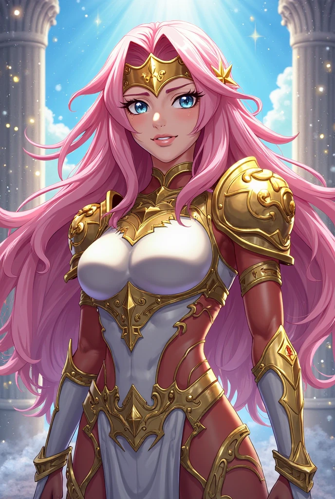 BEAUTIFUL PINK HAIR BOMBSHELL FEMALE GODDESS, TOO HUGE LONG HAIR, TOO VOLUMOUS HAIR, WIND EFFECT, LIGHT GRAY EYES, FACE MAKEUP, PALE SKYN, ROSY CHEEKS, MENTAL FORAMEN, TRIANGULAR FACE, ANGRY FACE EXPRESSION, STRAPLESS CLEAVAGE, BLUE LEATHER BODYSUIT, GOLDEN DETAILS, GOLD HEADBAND, GOLD GAUNTLETS, LONG GOLDEN GAUNTLETS, GOLD CHOKE COLLAR, GOLD SANDALS, STRONG ATHLETIC BODY, MUSCLES, ARMS, DETAILED DELTOIDS, THICK GORGEOUS THIGHS, DETAILED QUADRICEPS, ABDOMEN, DEEP DESERT, ROCKY MOUNTAINS, SUN, BACKLIGHTS, MASTERPIECE, ACCURATE IMAGE