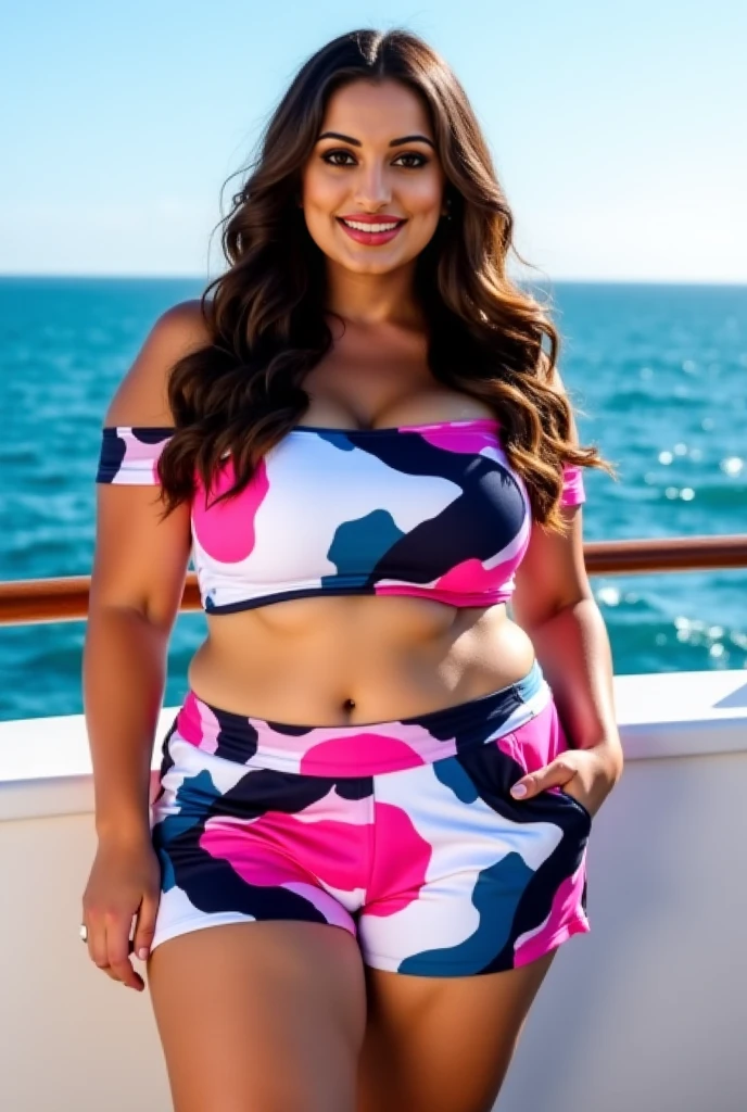 ((best quality)), ((masterpiece)), (detailed), perfect face, araffeTight skirtsShort , thicc, wavy short hair, she has a jiggly fat round belly, bbwchan, wearing tight simple clothes, skinny waist and thick hips, widest hips, her belly is fat and round, soft curvy shape, hyperrealistic full figure, wearing a cute top, wide hips, Blue swimsuit,On the beach by the seaBlue