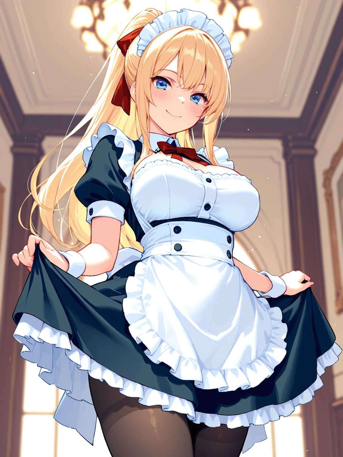 1 girl, (Chiquita:1.2), Kaho Hinata, twin tails, head scarf, waitress, frills, blue shirt, waist apron, big breasts, blue skirt, white gloves, (close shot, highest quality, High resolution, 4K, detailed lighting, shader, NSFW), smile,fart、shyness、blush、coffee shop、Are standing