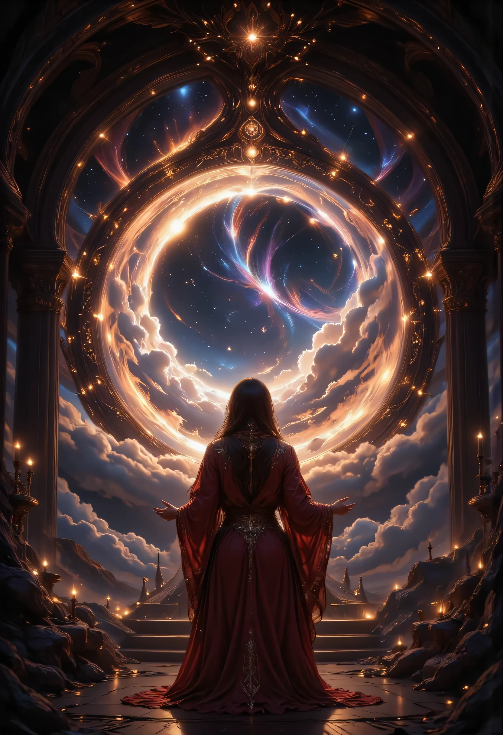 high details, best quality, 16k, [best detailed], masterpiece, best quality, (extremely detailed), a view of an priestess looking through  a portal onto celestial heaven, there are heavenly clouds, distant stars, nebulas,  coming from the portal, the portal glows with magical runes, fiery runes, there are candles the light the room, invert color