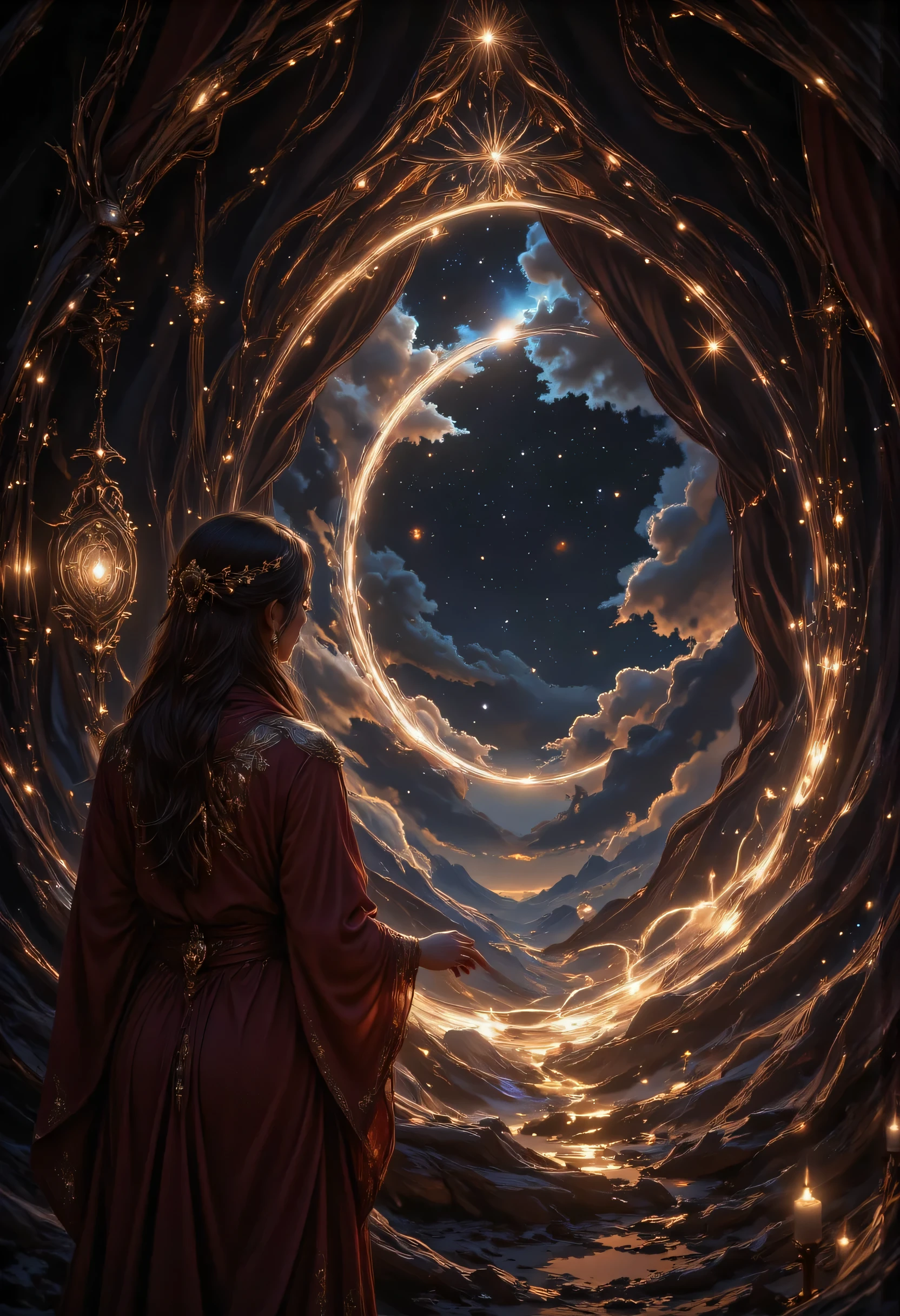 high details, best quality, 16k, [best detailed], masterpiece, best quality, (extremely detailed), a view of an priestess looking through  a portal onto celestial heaven, there are heavenly clouds, distant stars, nebulas,  coming from the portal, the portal glows with magical runes, fiery runes, there are candles the light the room, invert color