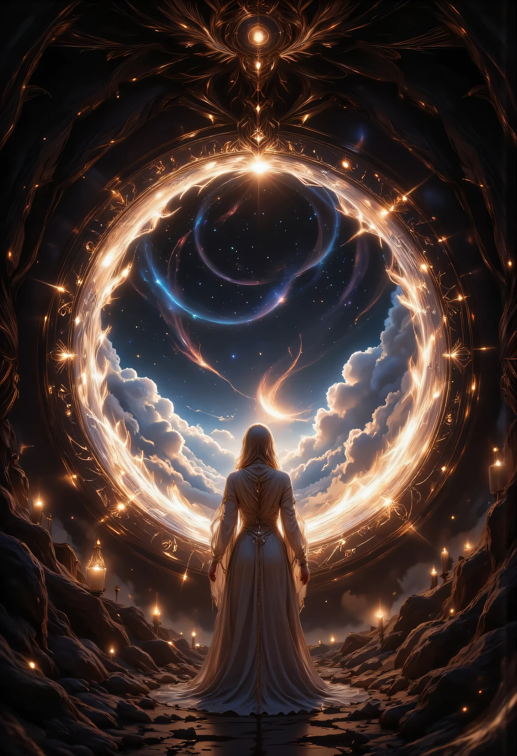 high details, best quality, 16k, [best detailed], masterpiece, best quality, (extremely detailed), a view of an priestess looking through  a portal onto celestial heaven, there are heavenly clouds, distant stars, nebulas,  coming from the portal, the portal glows with magical runes, fiery runes, there are candles the light the room, invert color