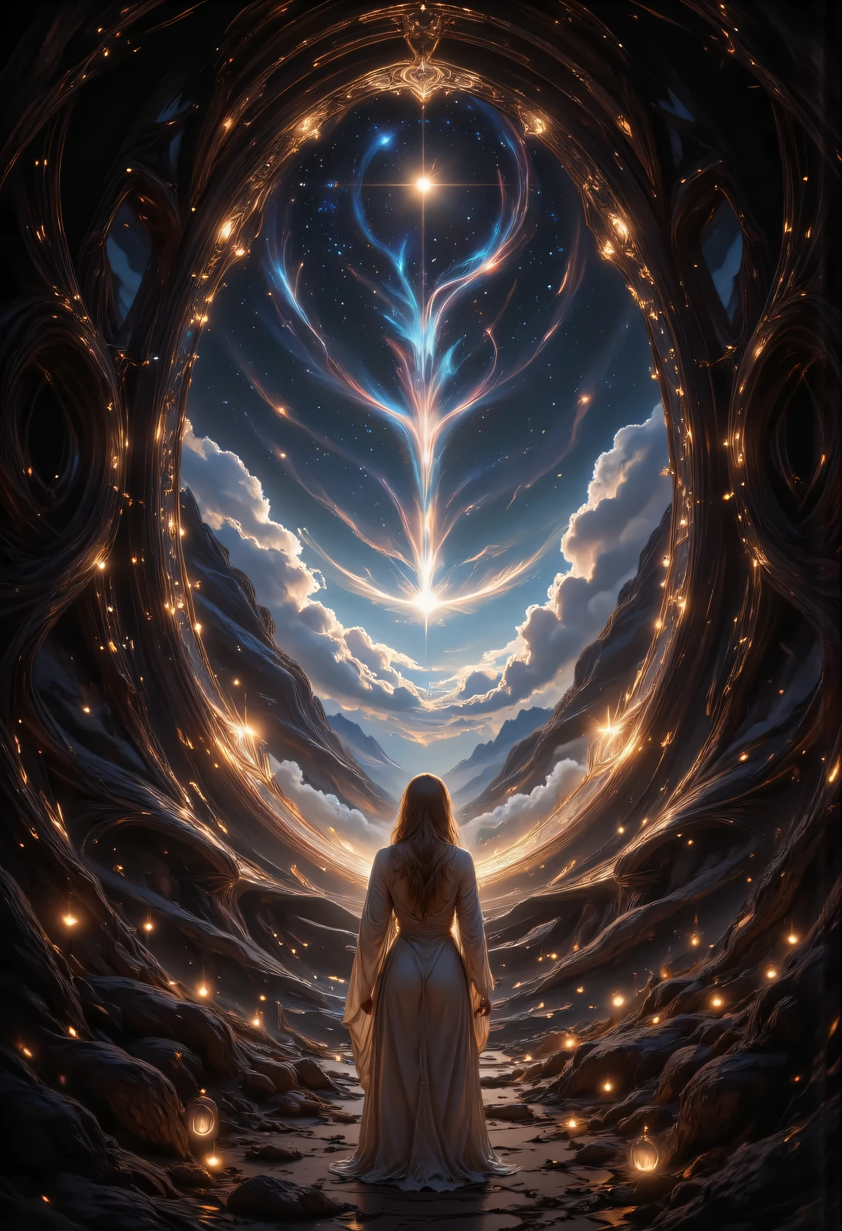 high details, best quality, 16k, [best detailed], masterpiece, best quality, (extremely detailed), a view of an priestess looking through  a portal onto celestial heaven, there are heavenly clouds, distant stars, nebulas,  coming from the portal, the portal glows with magical runes, fiery runes, there are candles the light the room, invert color