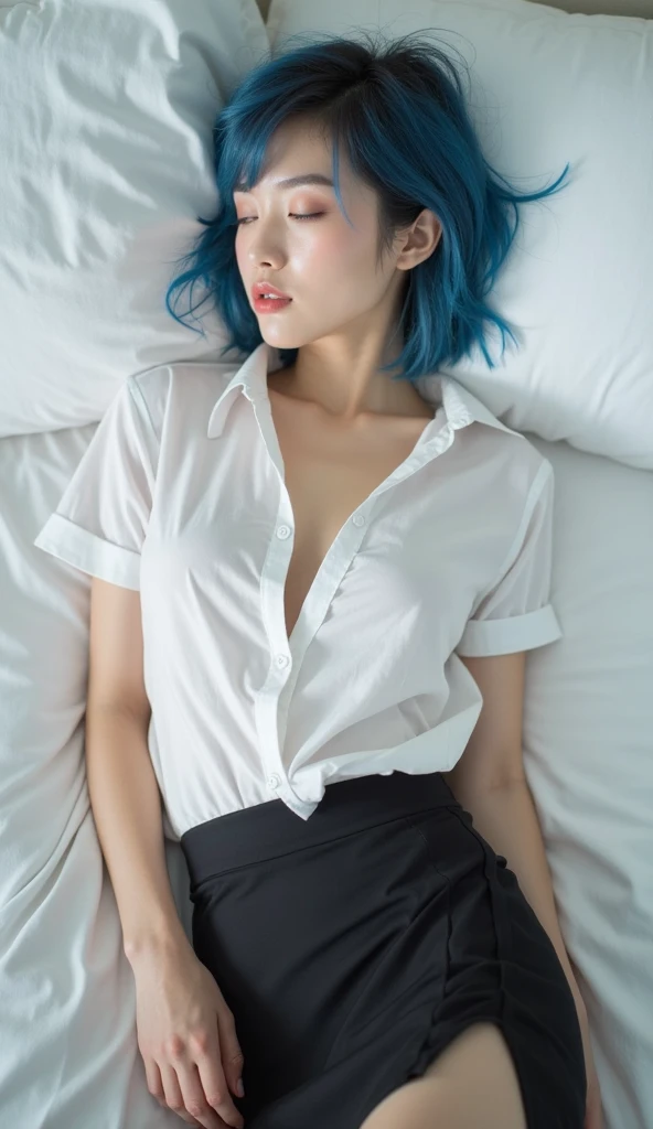 A young Korean woman with blue dyed hair, blue eyes, pale skin, thin body. Medium sized breasts. She is wearing a white casual shirt and short jeans. She is looking at the viewer, and her easy expression is sensual. Full body. The setting is a living room and she is relaxing sitting on the sofa. Masterpiece, high quality.