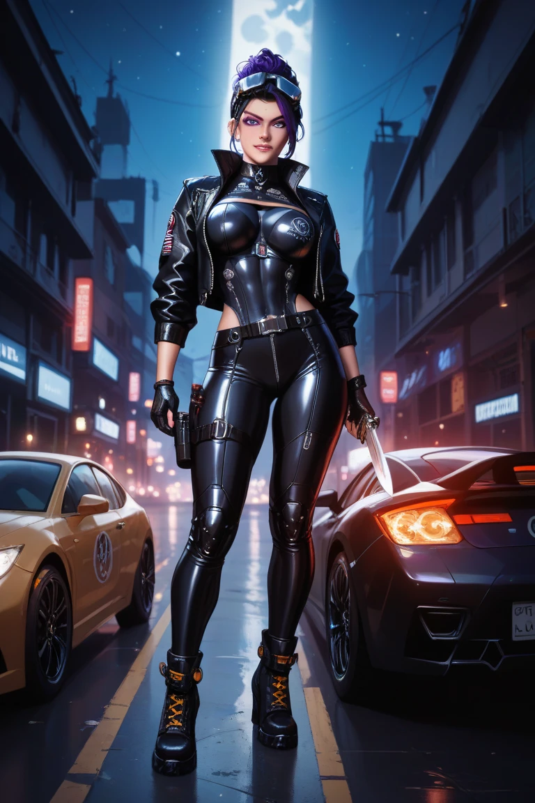 POV: sexy cute beautiful Scarlett Johansson as a sexy cop, (((huge breasts))), (slim thick), (skinny), ((ultra-detailed)), (photorealistic), 8k, (curvy accentuated body), ((ponytail hair)), tight suit, at the street, (assault rifle in hand), (patrol car behind), (at night), (tactical boots), (1girl)