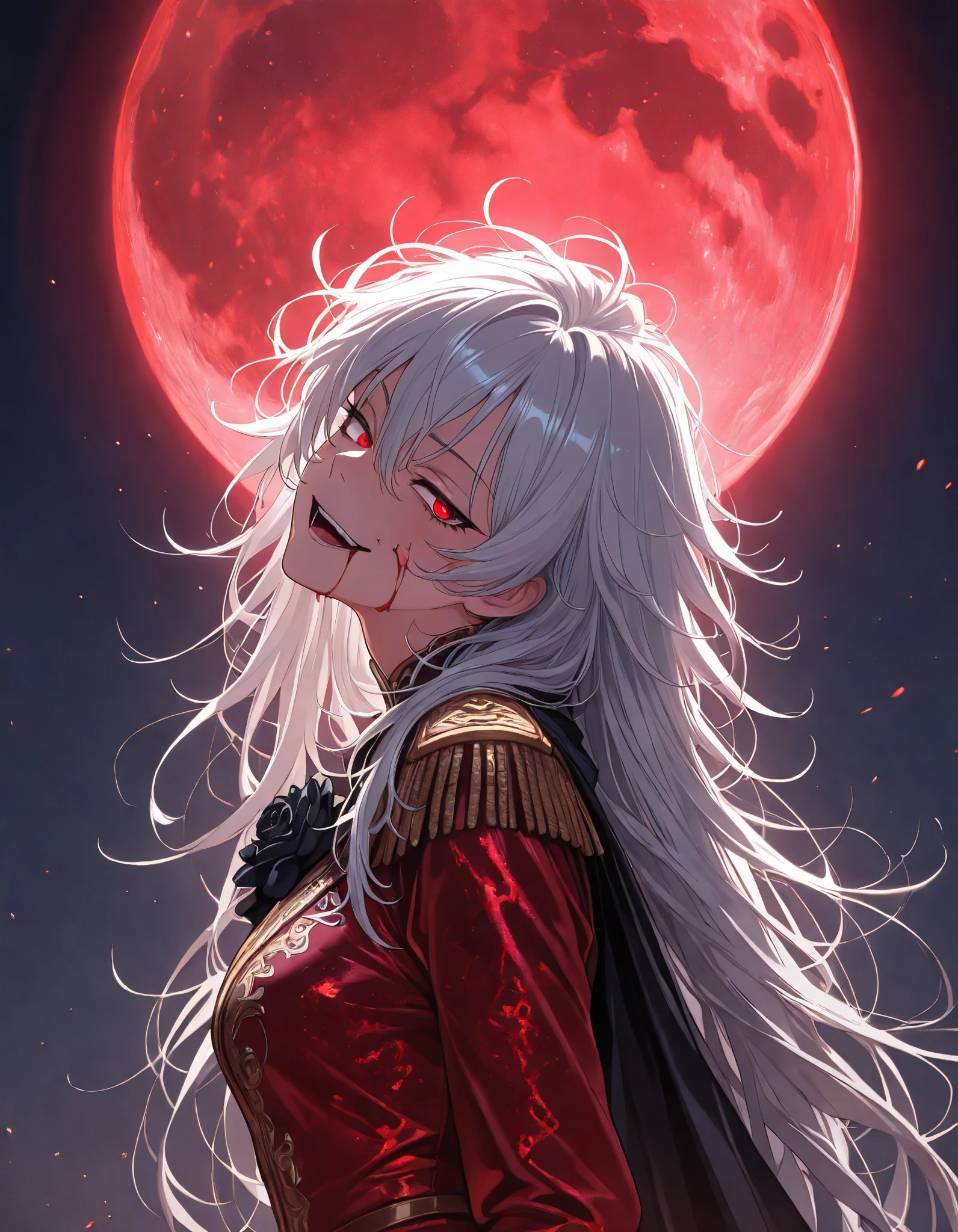 (upper body shot, close up shot, solo:1.7), bailing_magic_circle,magic circle,magic array, detailxl, Anime illustration, detailed anime artstyle, cinematic, volumetric lighting, clear sky, evening, cold light, colorful, light reflection, (head tilt, looking over her shoulder, teasing, lidded eyes, flirty, romantic, princess clothes, french, musketeer, royalty, manwha, sultry, (standing, dynamic pose:1.1):1.5), (glaring at viewer, side eye side profile, from the side, looking up, head tilted upwards:1.6), fotoshoot, model, (1girl:0.98), young, adolescent, detailed skin, extremely detailed eyes, dynamic pose, crimson eyes, glowing eyes, (very long hair, (messy hair, wild hair:1.44), hair in front of eye:1.2), flower brooch in her hair, auralora cosmic flowers, aura flowers, crazy eyes, soft smirk, black flower, blue glow, blue aura, moon, lunar power, open mouth, (white hair, gray hair, shining hair:1.3), walking, crazy smile, crazy laugh, (tsurime:1.3), (white ornate french dress:1.1), asymmetrical epaulette, capelet, ornate dress, carapace armour, black trimming, black highlights, (reaper, demonic clothes:1.1), (casting blood magic, blood mage:1.7), red moon,