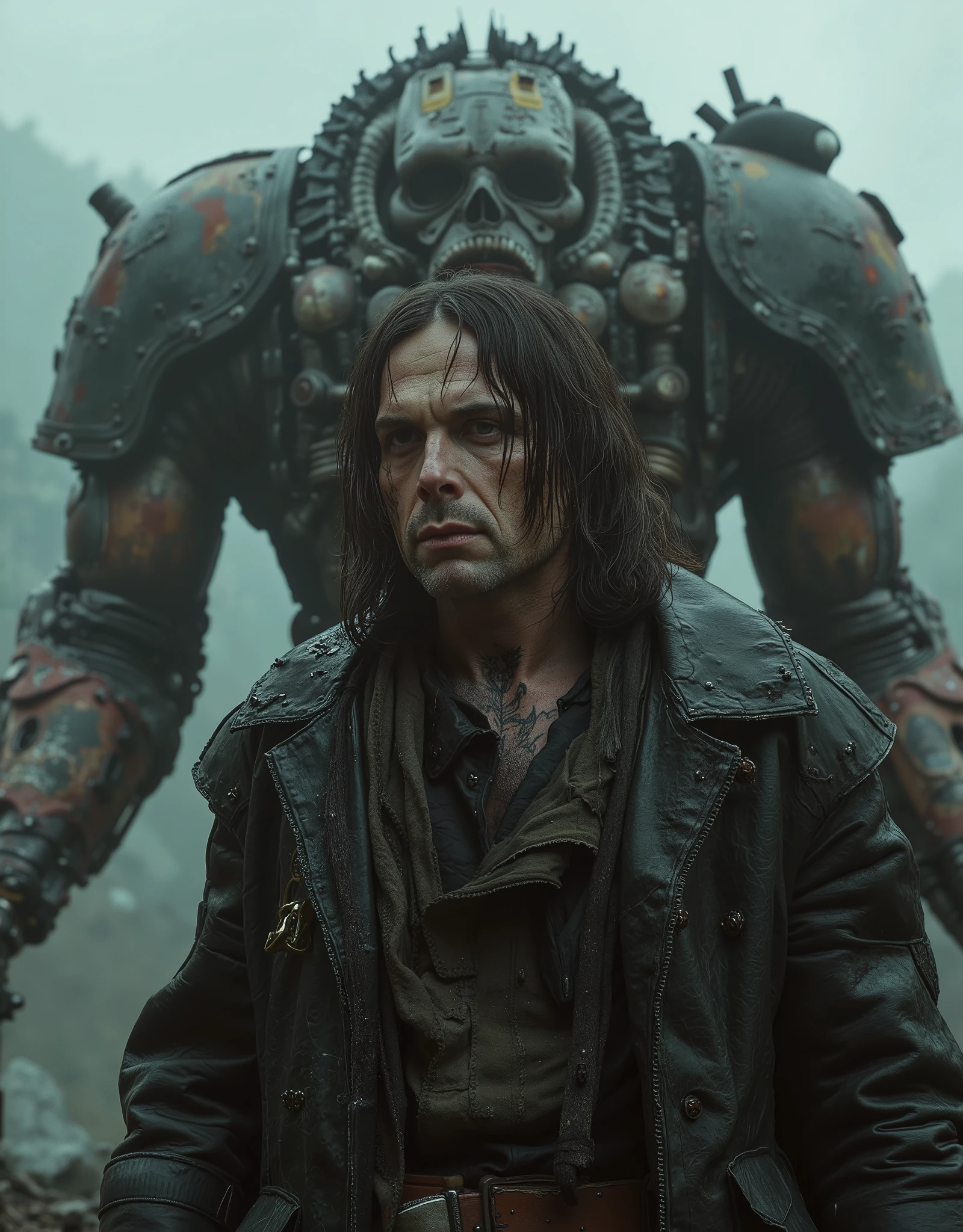 cinematographic photograph using rule of thirds and composition on planes Photo 3 / 4 takes over the entire body , Hannibal Lecter , depraved and gothic, full plate armor made of rusty copper coins, sunken brown eyes, penetrating look, lank matted long hair, full body shot, torn screen , Aztec tattoos , Next to him in the background is a tall long-legged steampunk mecha robot inspired by the Sumerians 𒀉𒉺 Asag and with dark armor with a lot of rust battle damage and destroyed parts, You can see the exposed mechanism composed of pistons , hoses, chains and motors of Tartarus, . In the background of a grimdark medieval fantasy, Eldritch smoke emanating from the robot in the style of Ashley Wood and Racrufi and Luis Royo , drk4rt