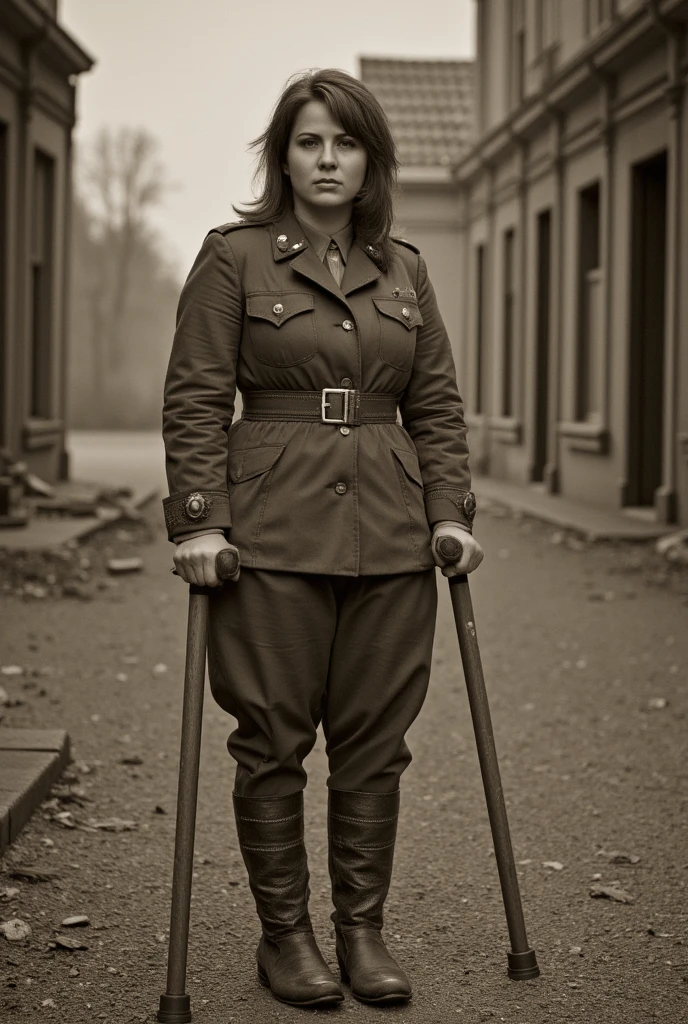 An old black-and-white photo with scuffs and scratches. A little sepia. Highest quality (16K, high resolution, masterpiece: 1.5), excellent detail (realistic, photorealistic image). A beautiful one-legged woman on one leg (one-legged), leaning on worn-out old crutches. An amputee. The woman is 35 years old. Slavic type of face. The long hair on his head is disheveled. A woman dressed in a Soviet military uniform from the Second World War. Against the background of destroyed buildings. Draw the standard proportions of the female body. Ultra-precise focus, Detailed background, Ultra-precise focus, Ultra-high resolution, UHD, extremely high resolution. Please note that you should not use modern armrest crutches. Wooden crutches.